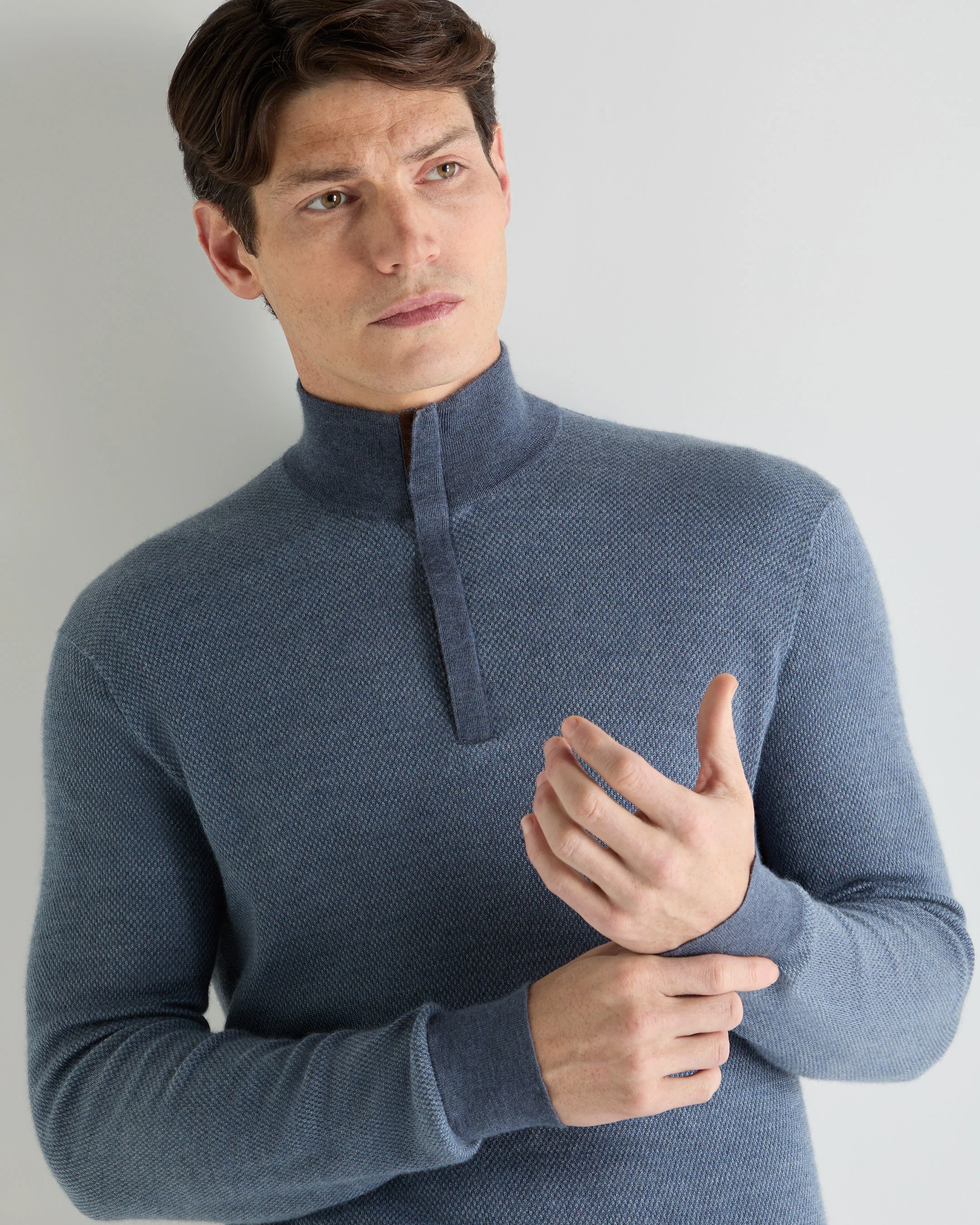 Men's Regent Birdseye Fine Gauge Cashmere Half Zip Jumper Denim Blue Birdseye - Image 5
