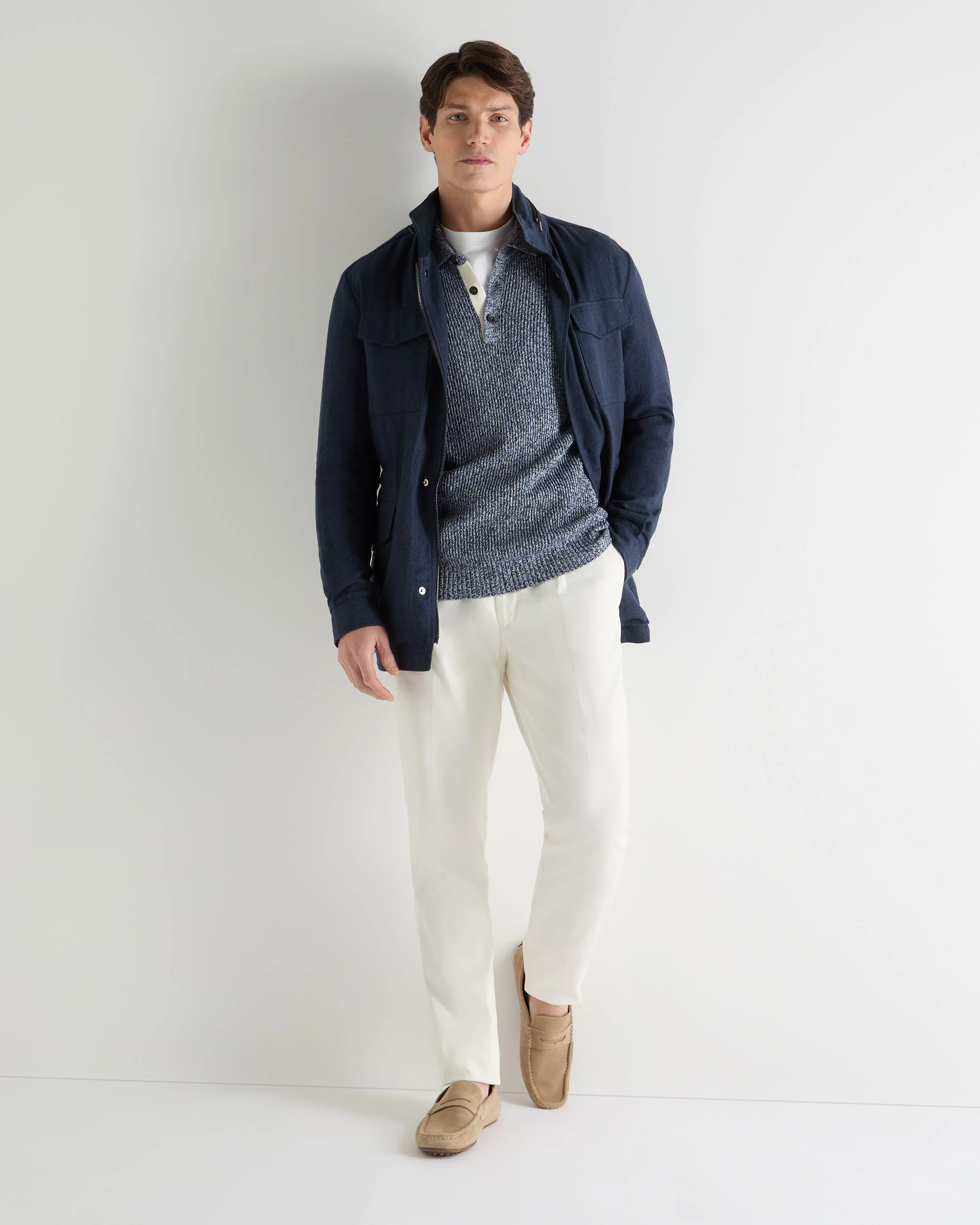 Men's Rib Polo Cotton Blend Jumper Blue Marl - Image 3