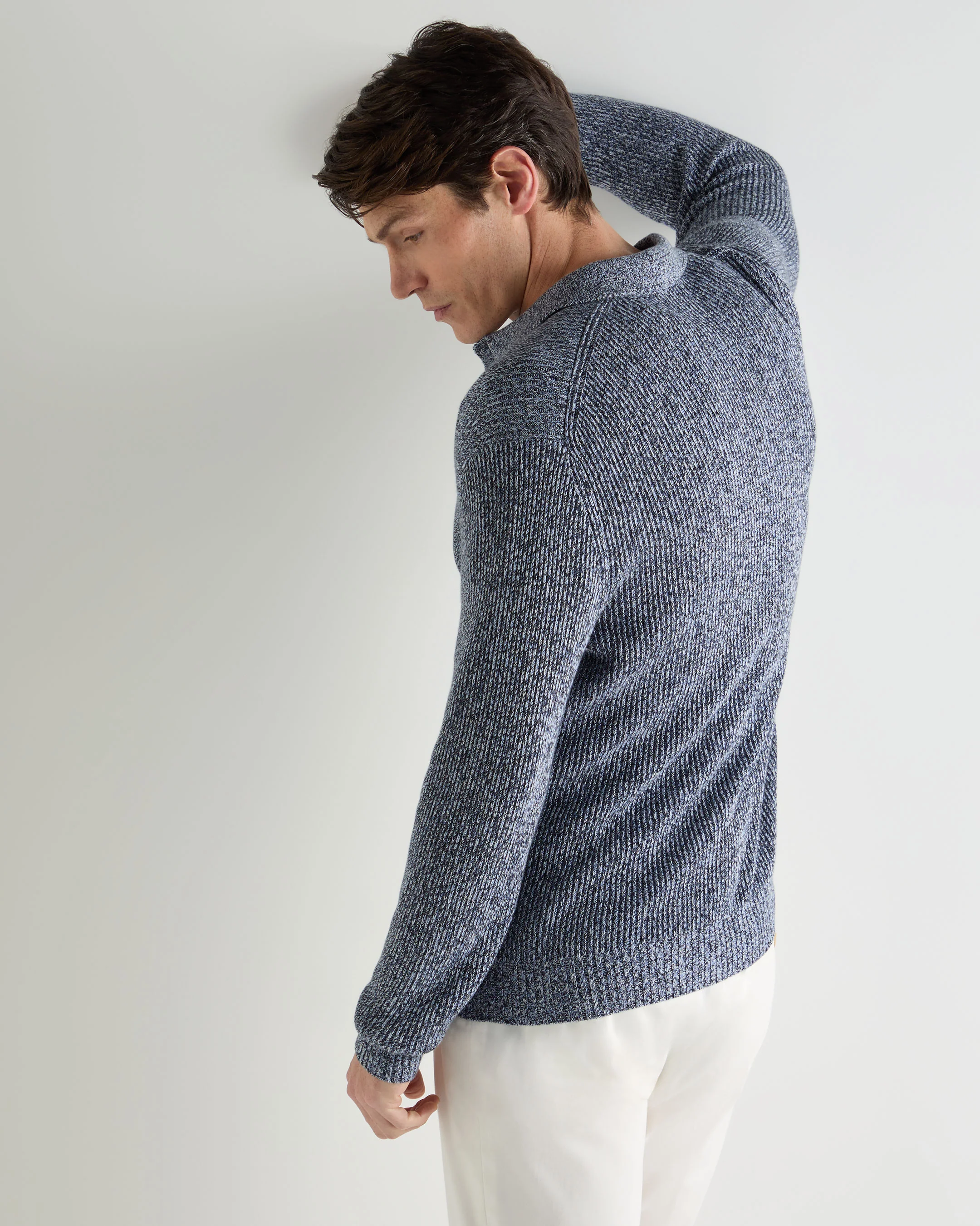 Men's Rib Polo Cotton Blend Jumper Blue Marl - Image 4