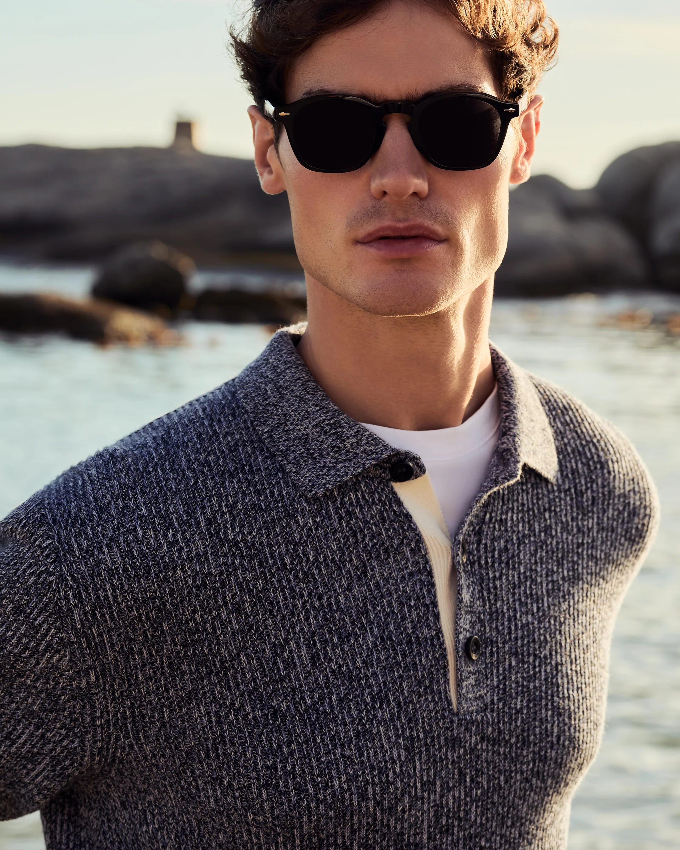 Men's Rib Polo Cotton Blend Jumper Blue Marl - Image 6