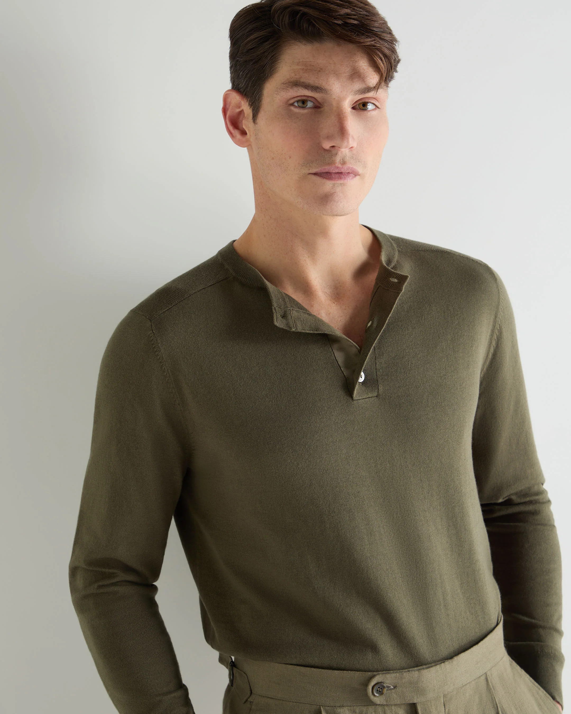 Men's Round Neck Cotton Cashmere Henley Khaki Green - Image 5