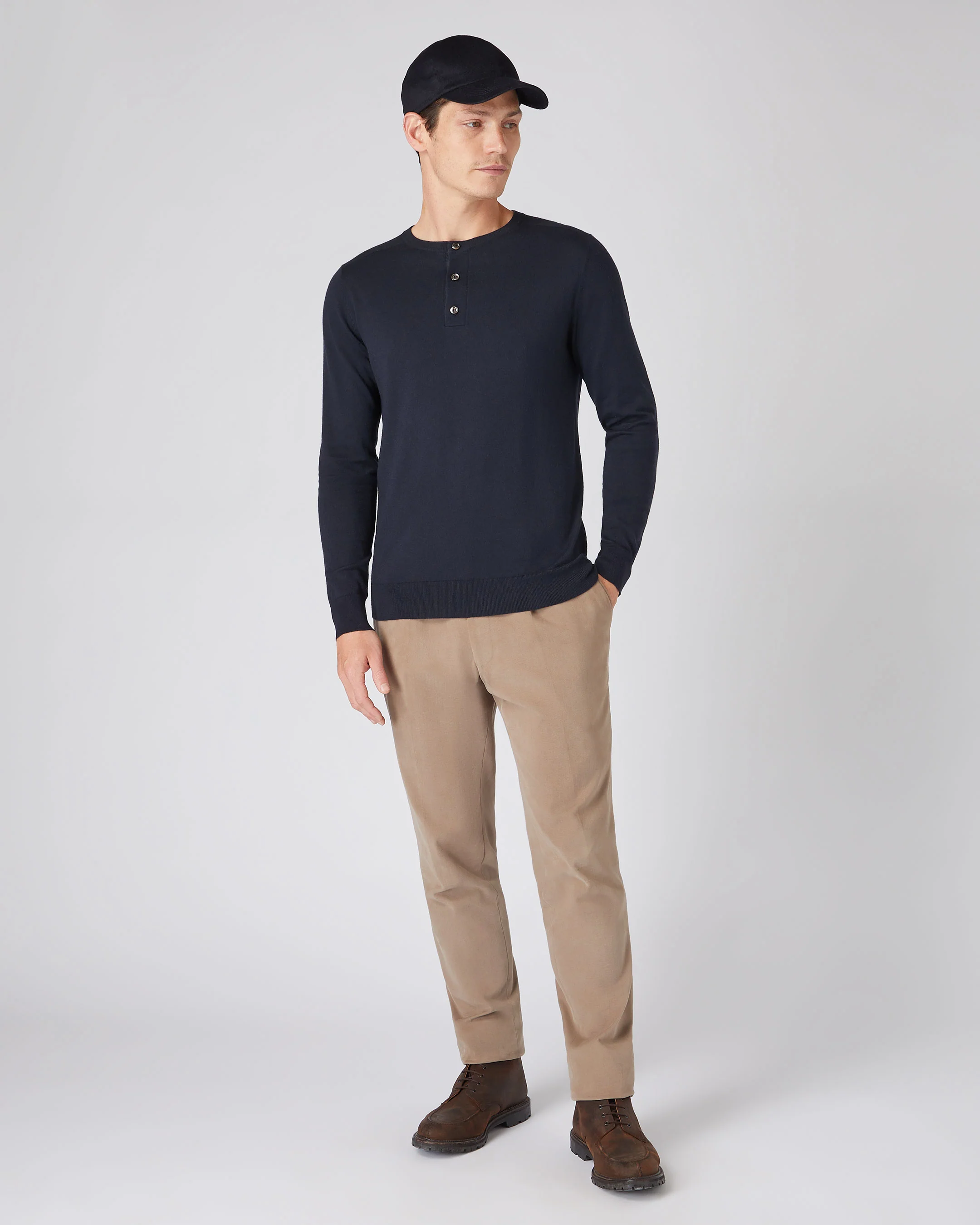 Men's Round Neck Cotton Cashmere Henley Navy Blue - Image 3