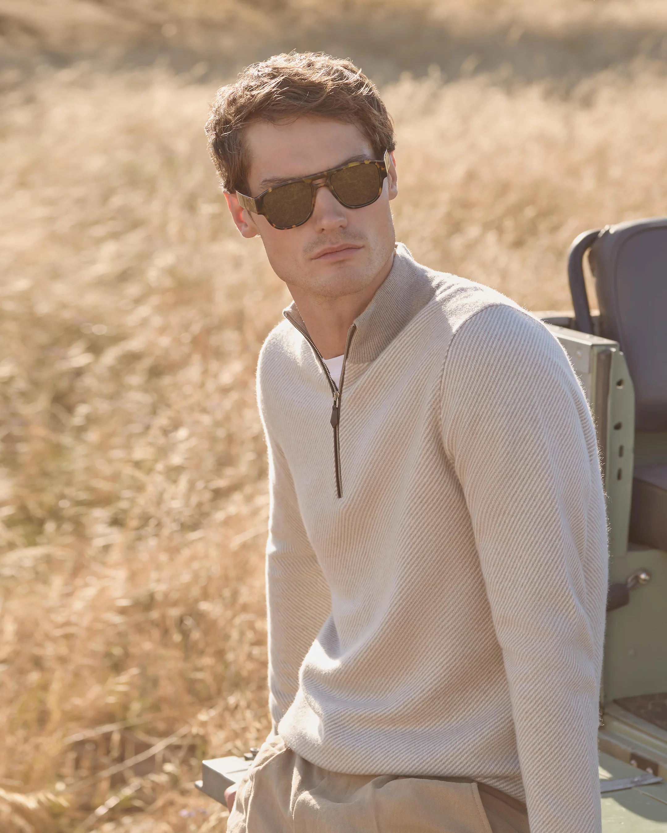 Men's Temple Jacquard Half Zip Cashmere Jumper Oat Grey - Image 6