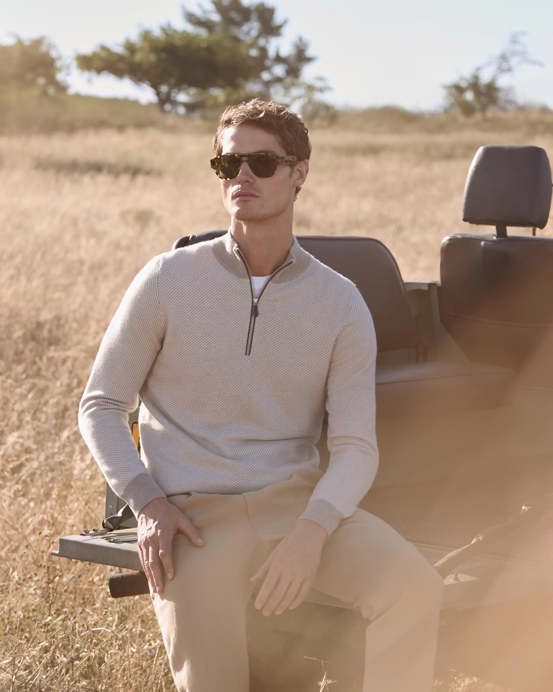 Men's Temple Jacquard Half Zip Cashmere Jumper Oat Grey - Image 7