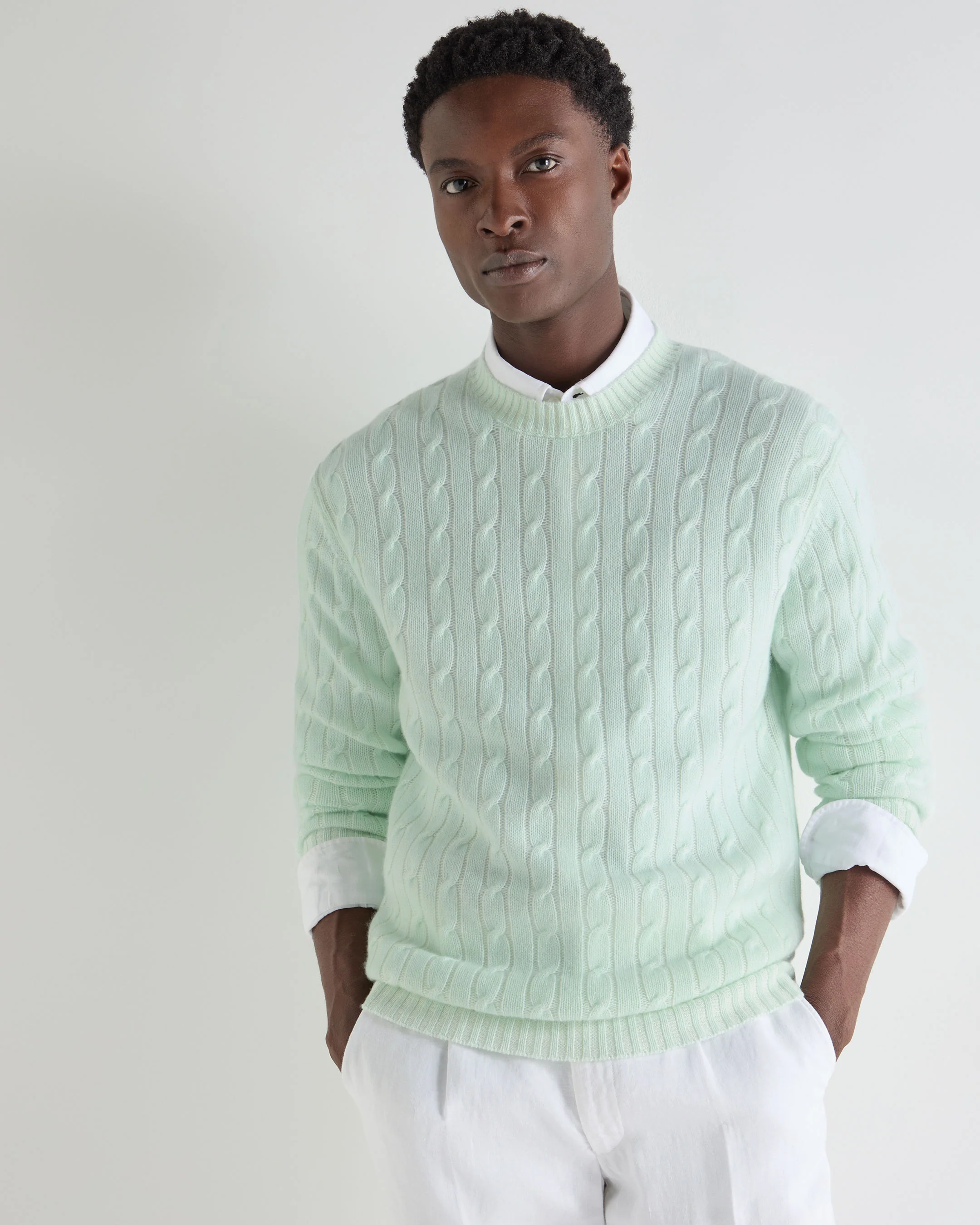 Men's Thames Cable Round Neck Cashmere Jumper Mint Green