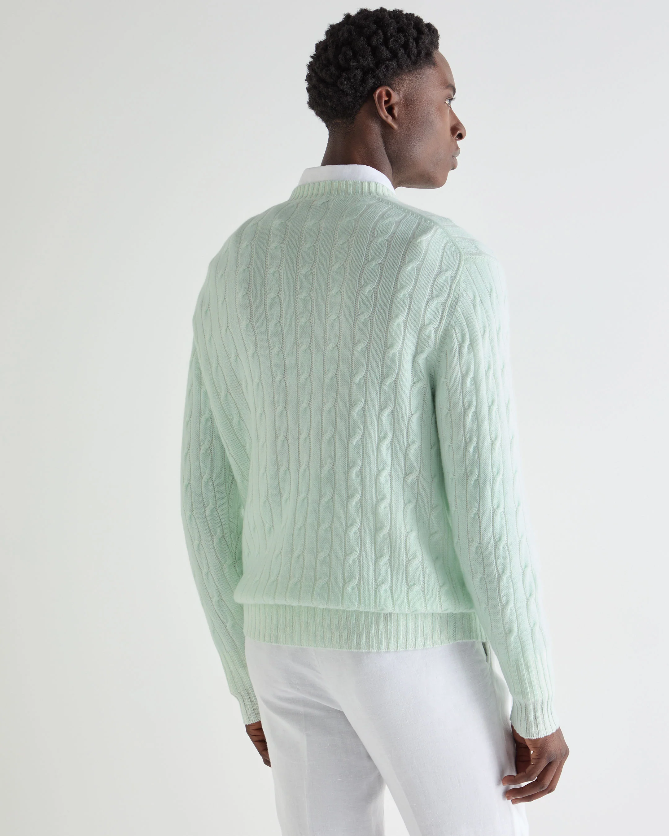 Men's Thames Cable Round Neck Cashmere Jumper Mint Green - Image 4