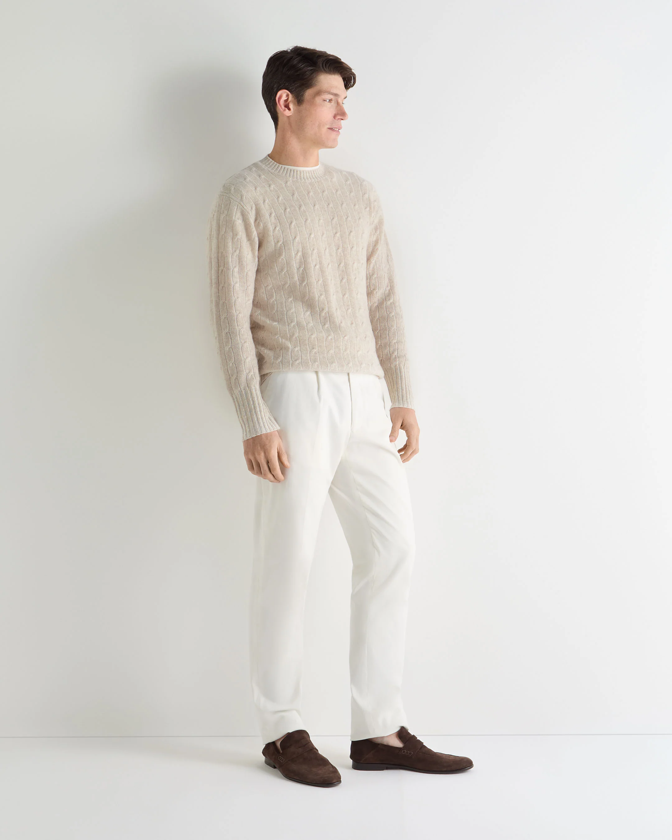 Men's Thames Cable Round Neck Cashmere Jumper Sand Brown - Image 3