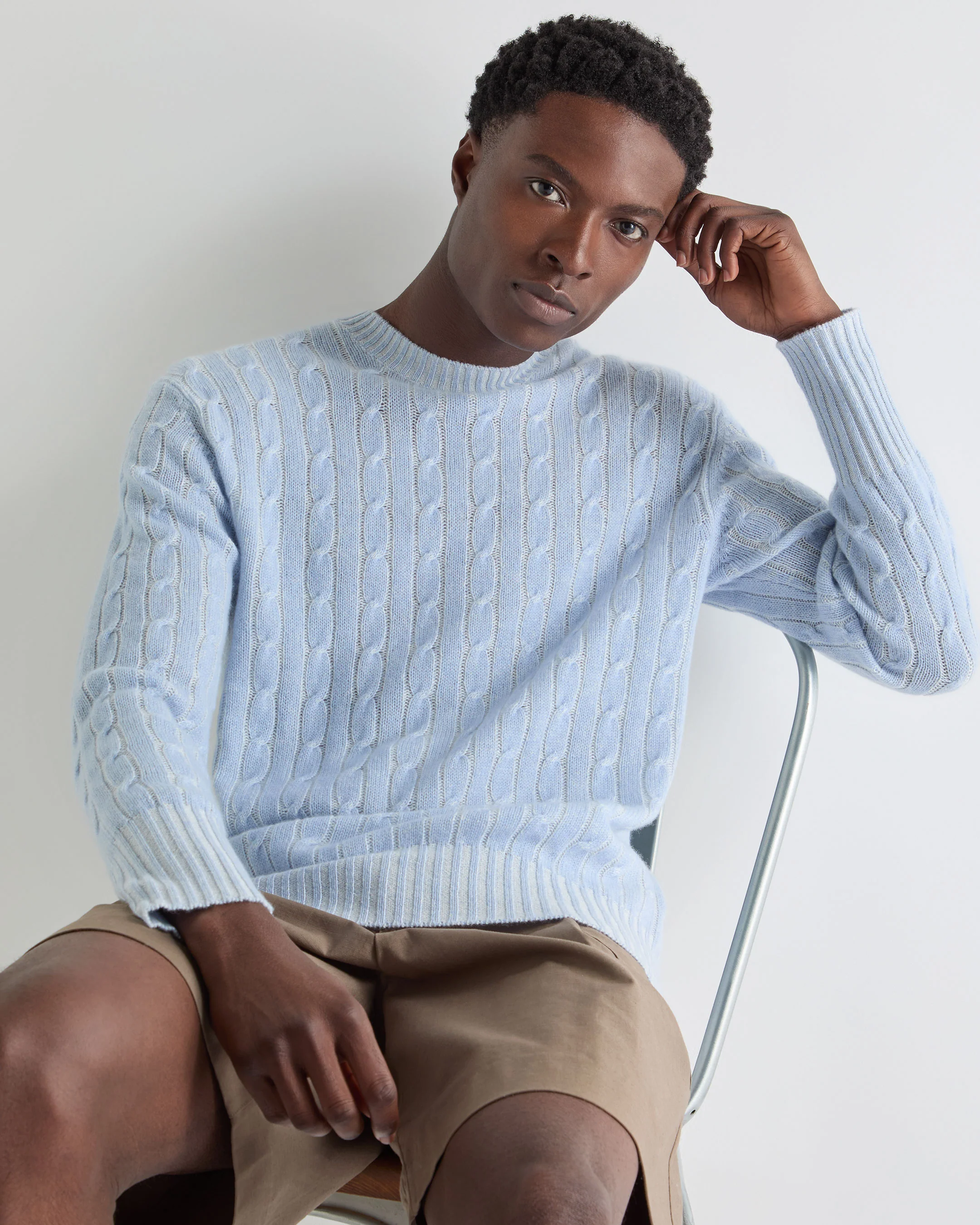 Men's Thames Cable Round Neck Cashmere Jumper Sea Mist Blue