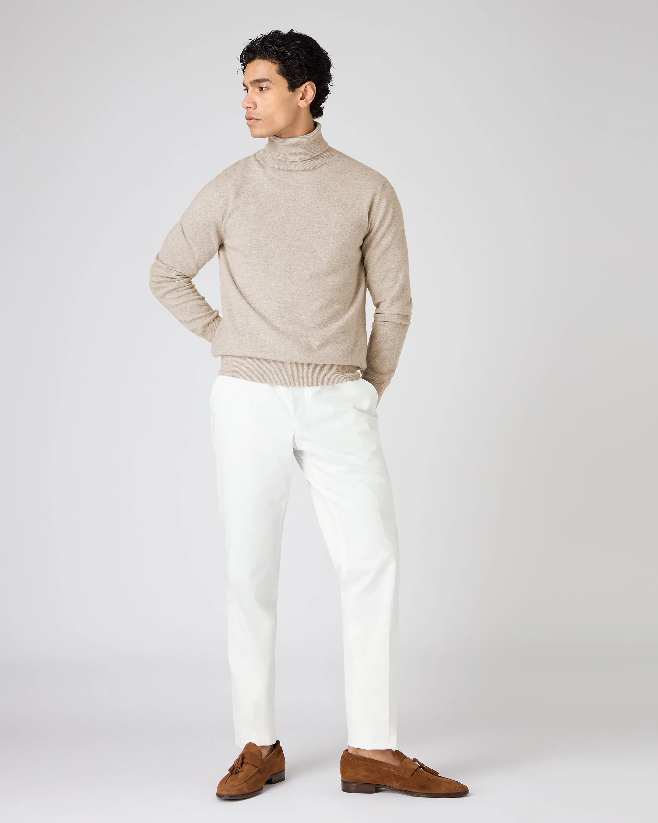 Men's Trafalgar Roll Neck Cashmere Jumper Oatmeal Brown - Image 3