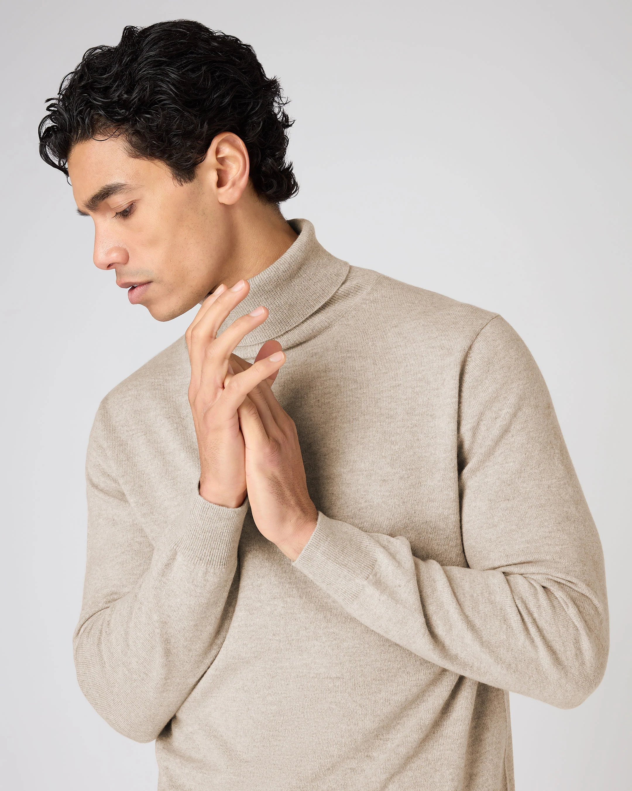 Men's Trafalgar Roll Neck Cashmere Jumper Oatmeal Brown - Image 5