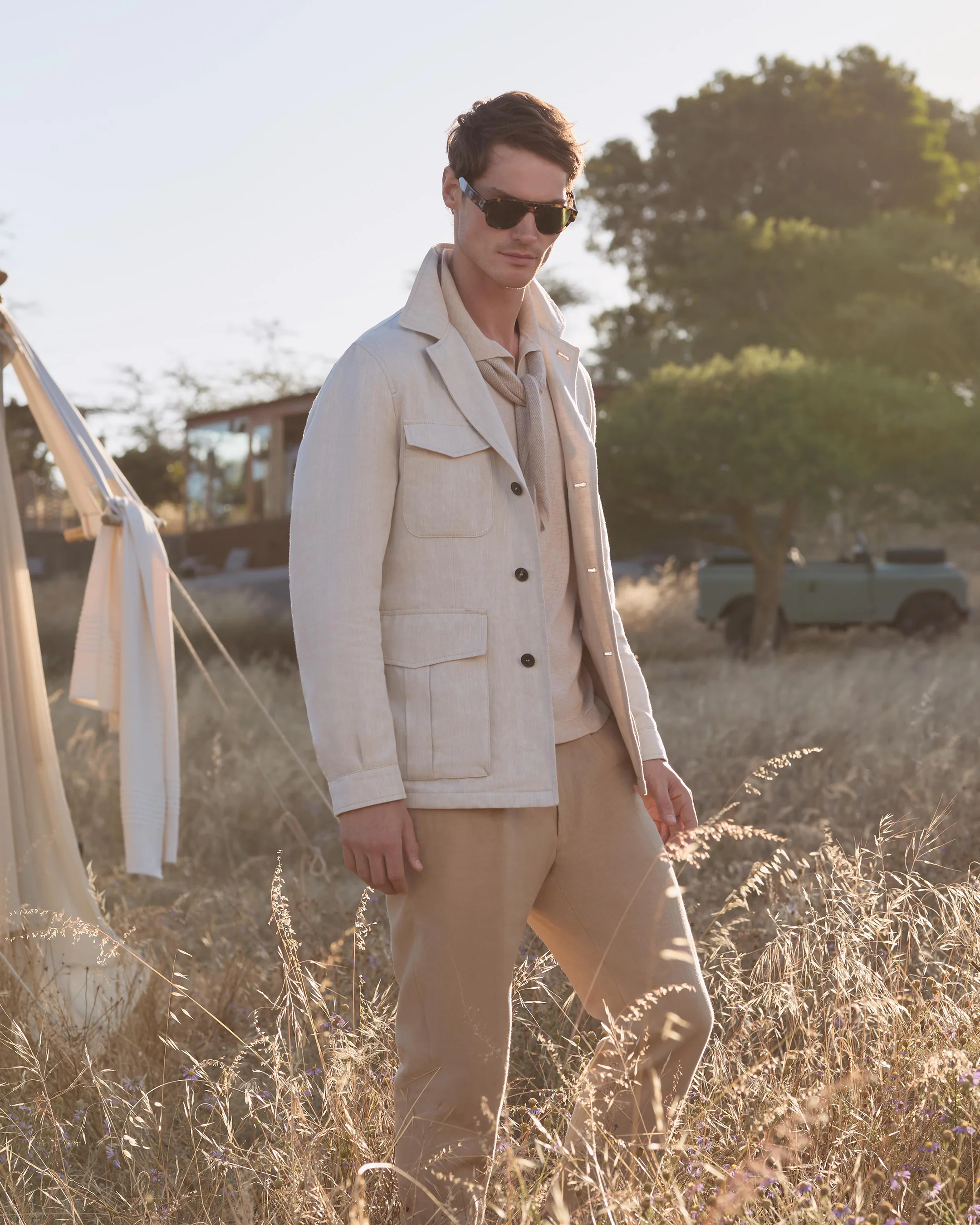 Men's Linen Blend Herringbone Safari Jacket Chalk White - Image 7
