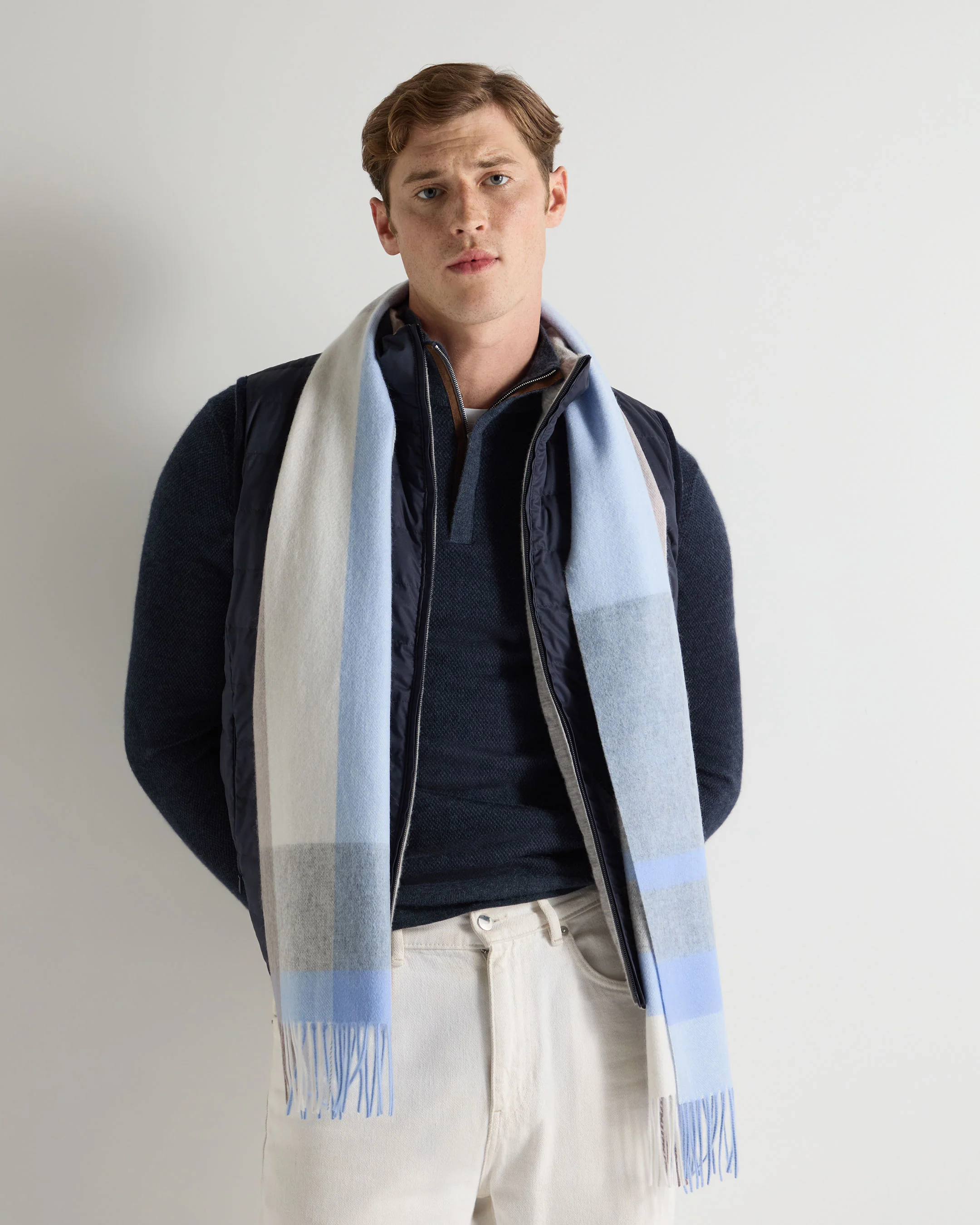 Unisex Cashmere Check Scarf Blue + Grey - Image 2