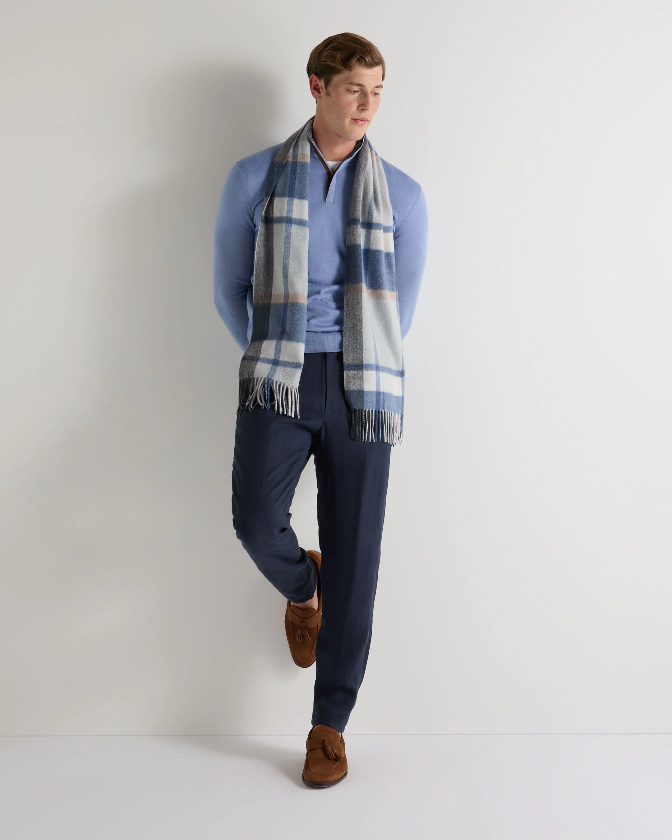 Unisex Cashmere Check Scarf Blue Grey Check - Image 2