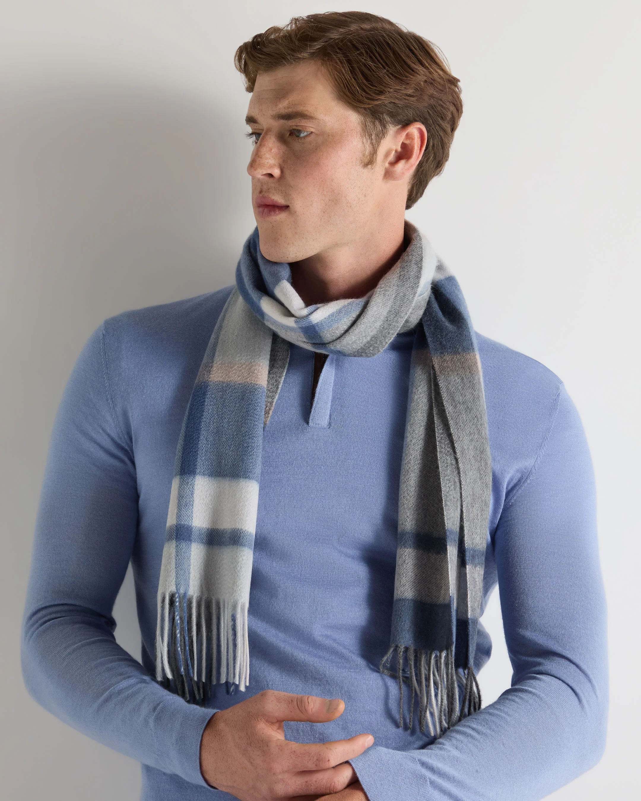 Unisex Cashmere Check Scarf Blue Grey Check - Image 4