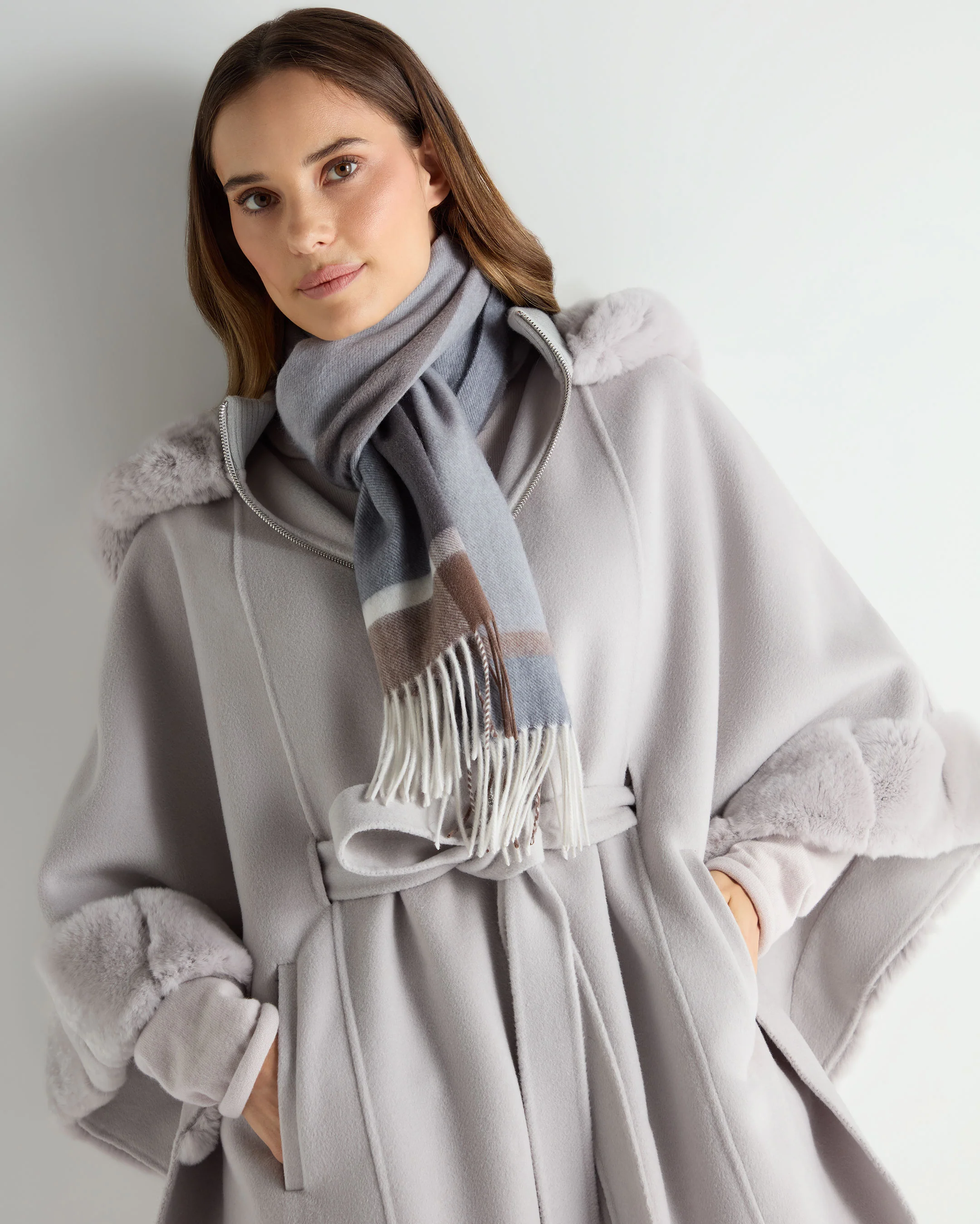 Unisex Cashmere Check Scarf Grey + Brown - Image 2