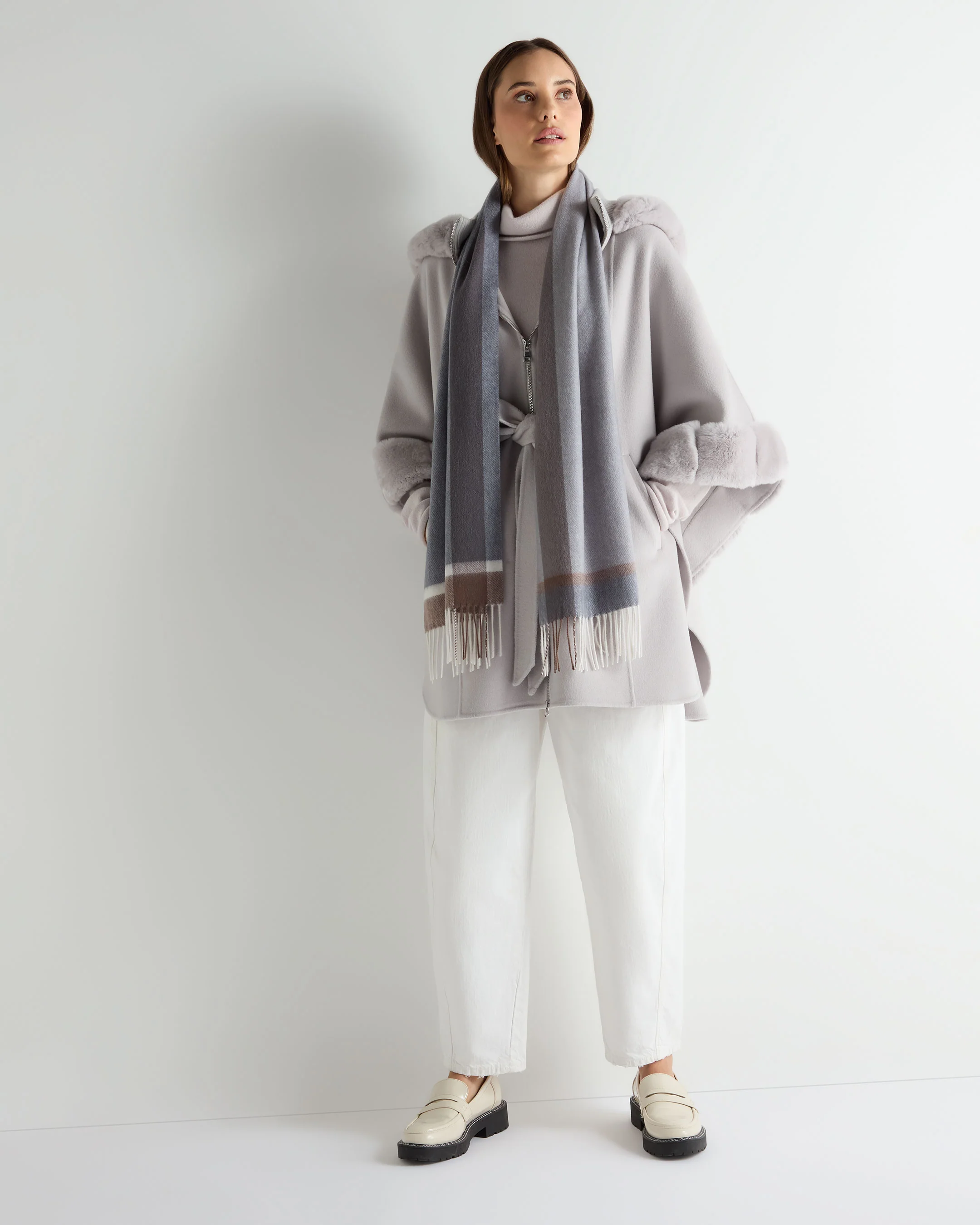 Unisex Cashmere Check Scarf Grey + Brown - Image 3