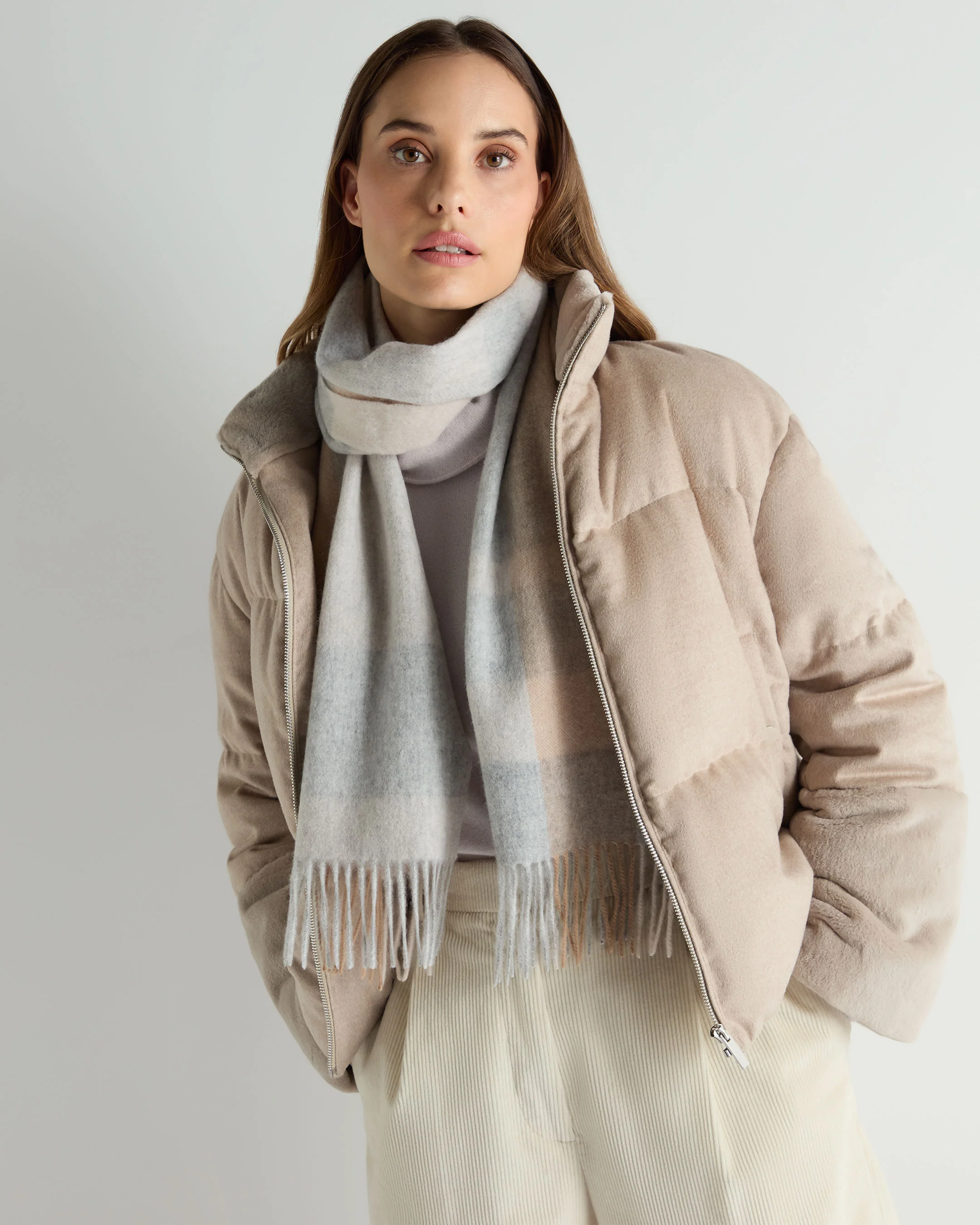 Unisex Cashmere Check Scarf Light Grey + Camel - Image 2
