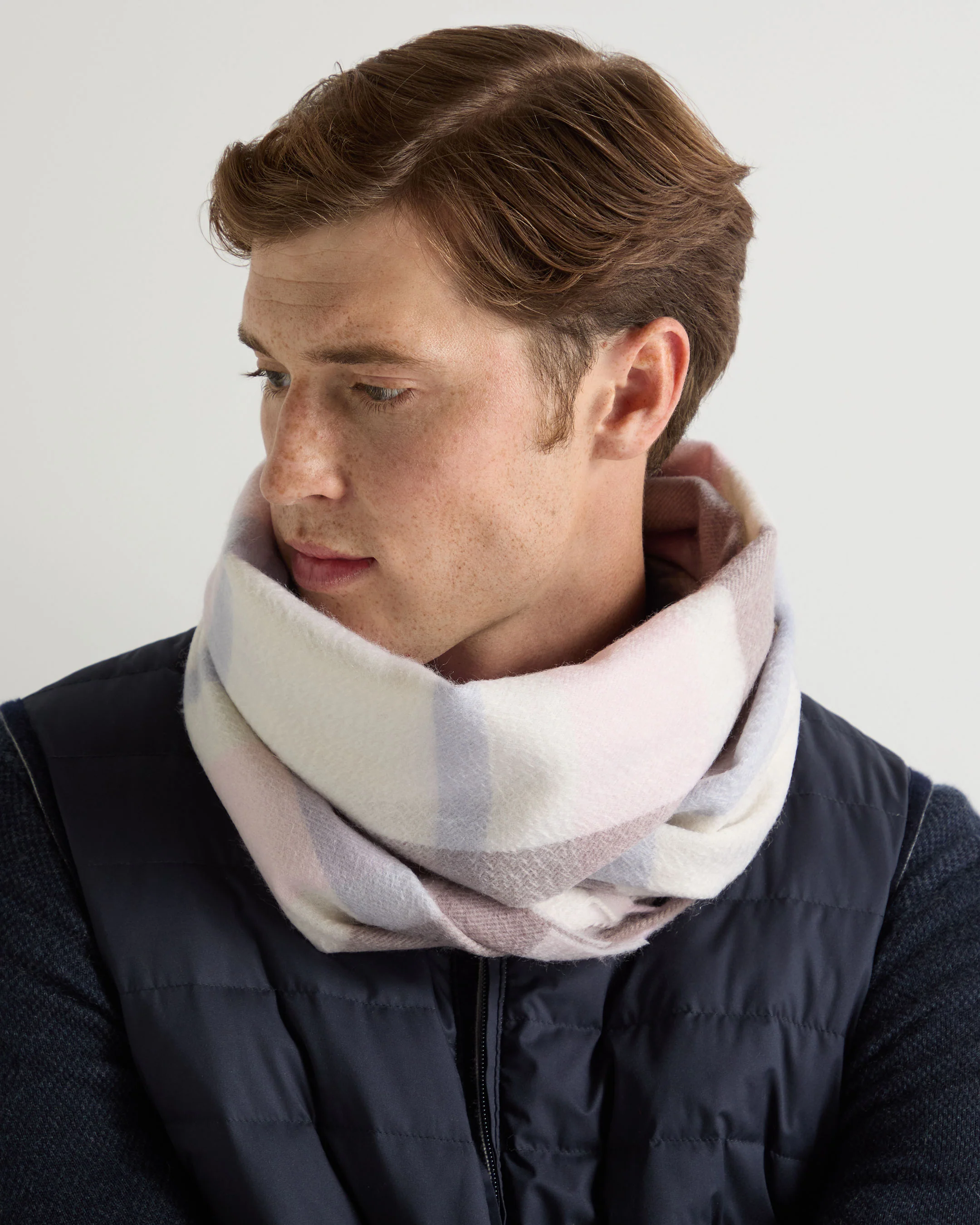 Unisex Cashmere Check Scarf Oatmeal + Grey Check - Image 5