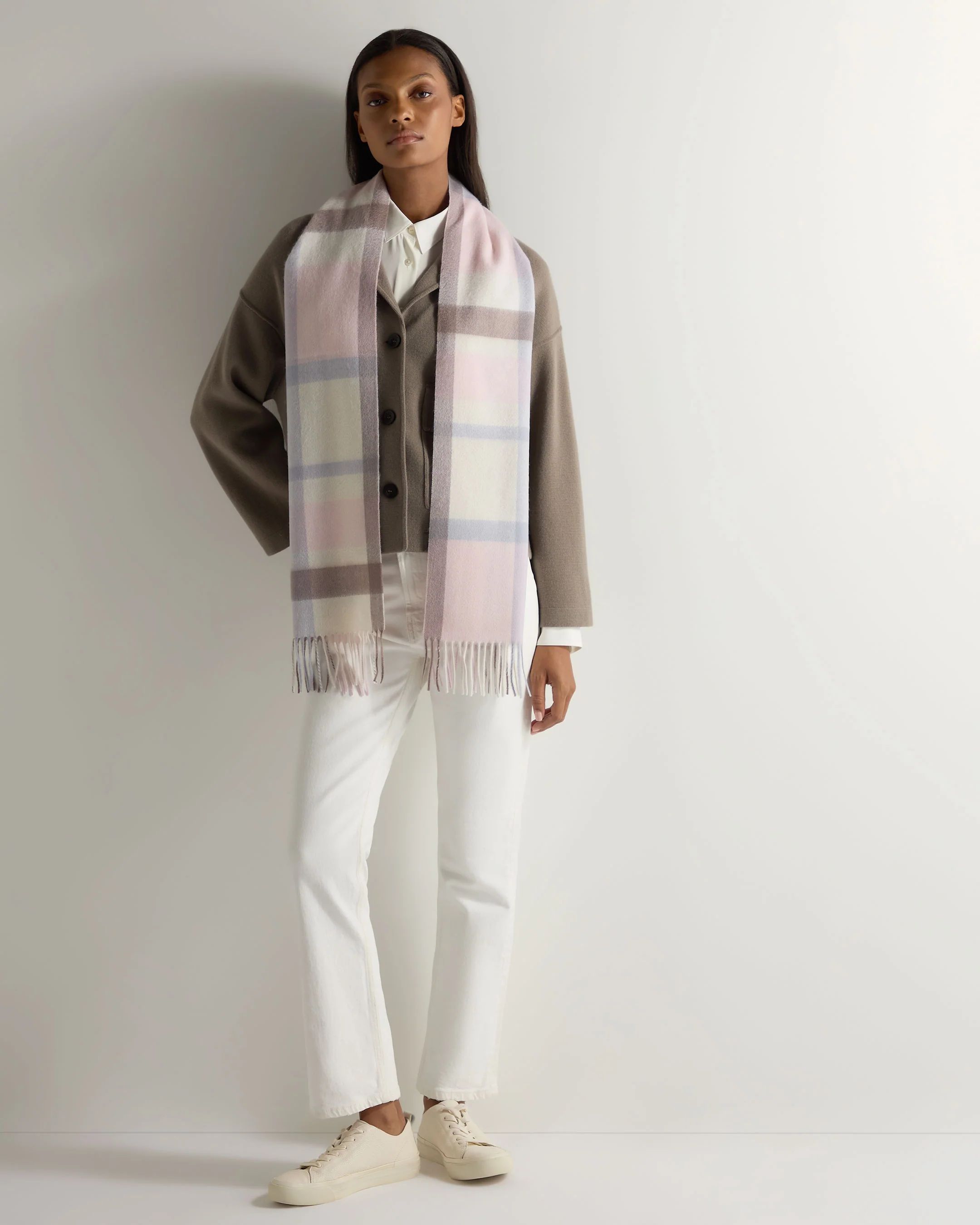 Unisex Cashmere Check Scarf Oatmeal + Grey Check - Image 6