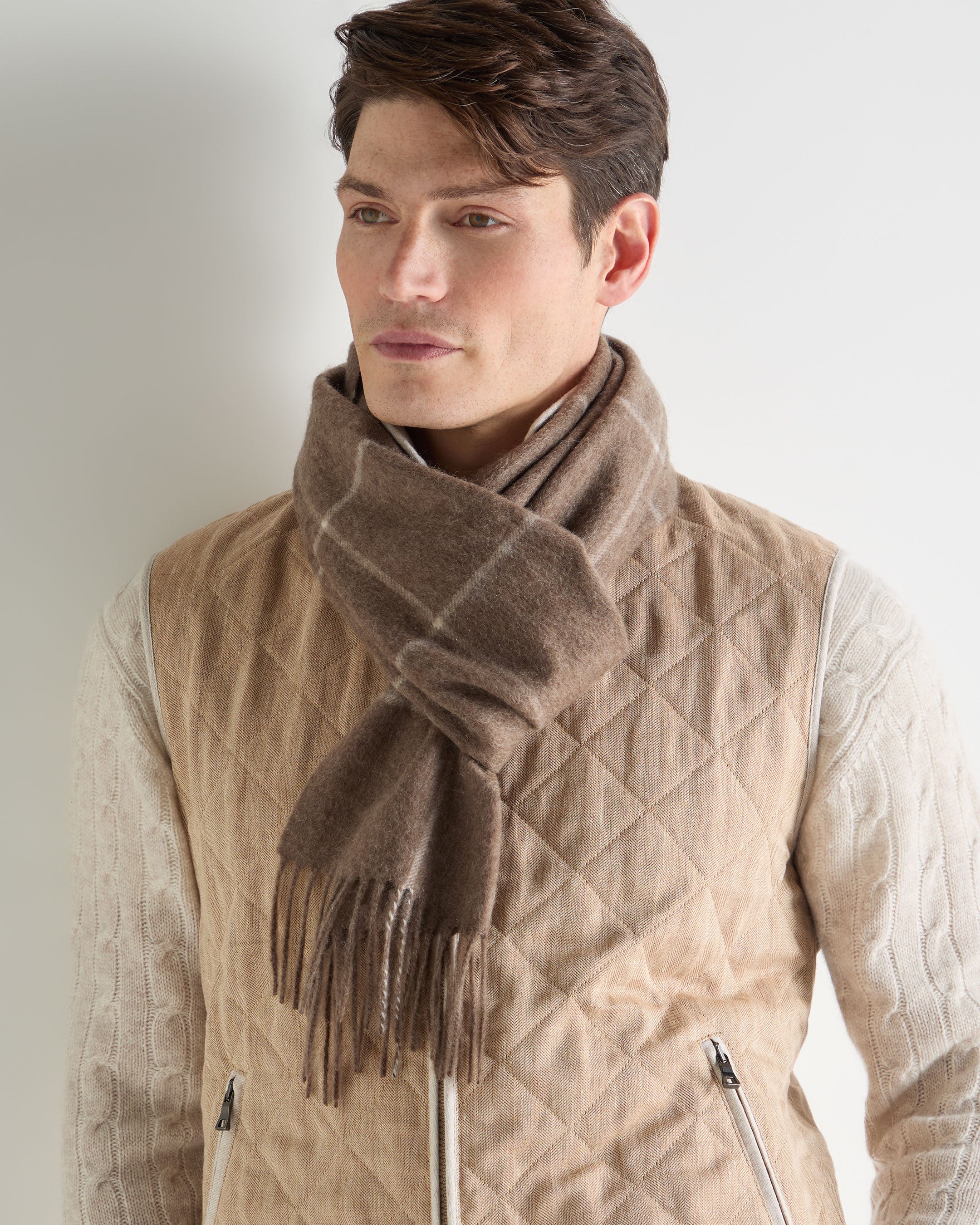 Unisex Cashmere Check Scarf Taupe Brown + Natural Brown - Image 4
