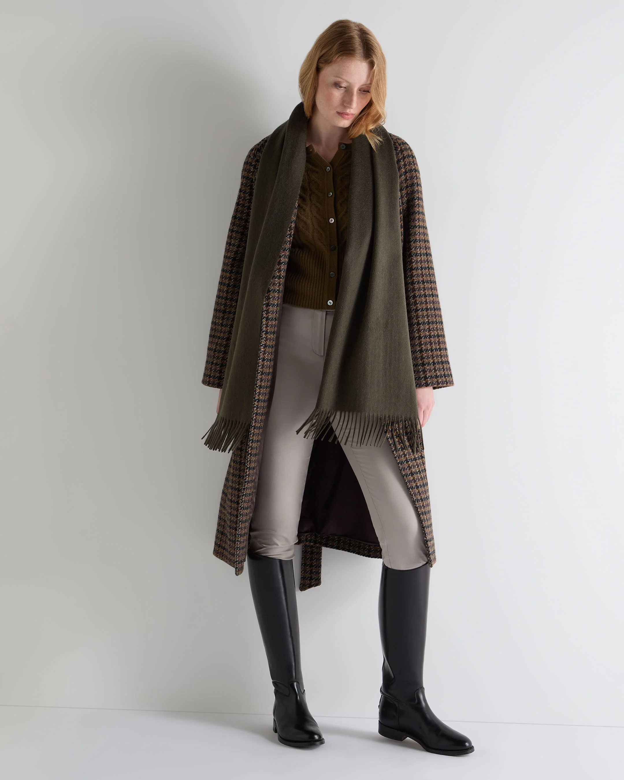 Unisex Large Woven Cashmere Scarf Arabica Khaki Green - Image 5