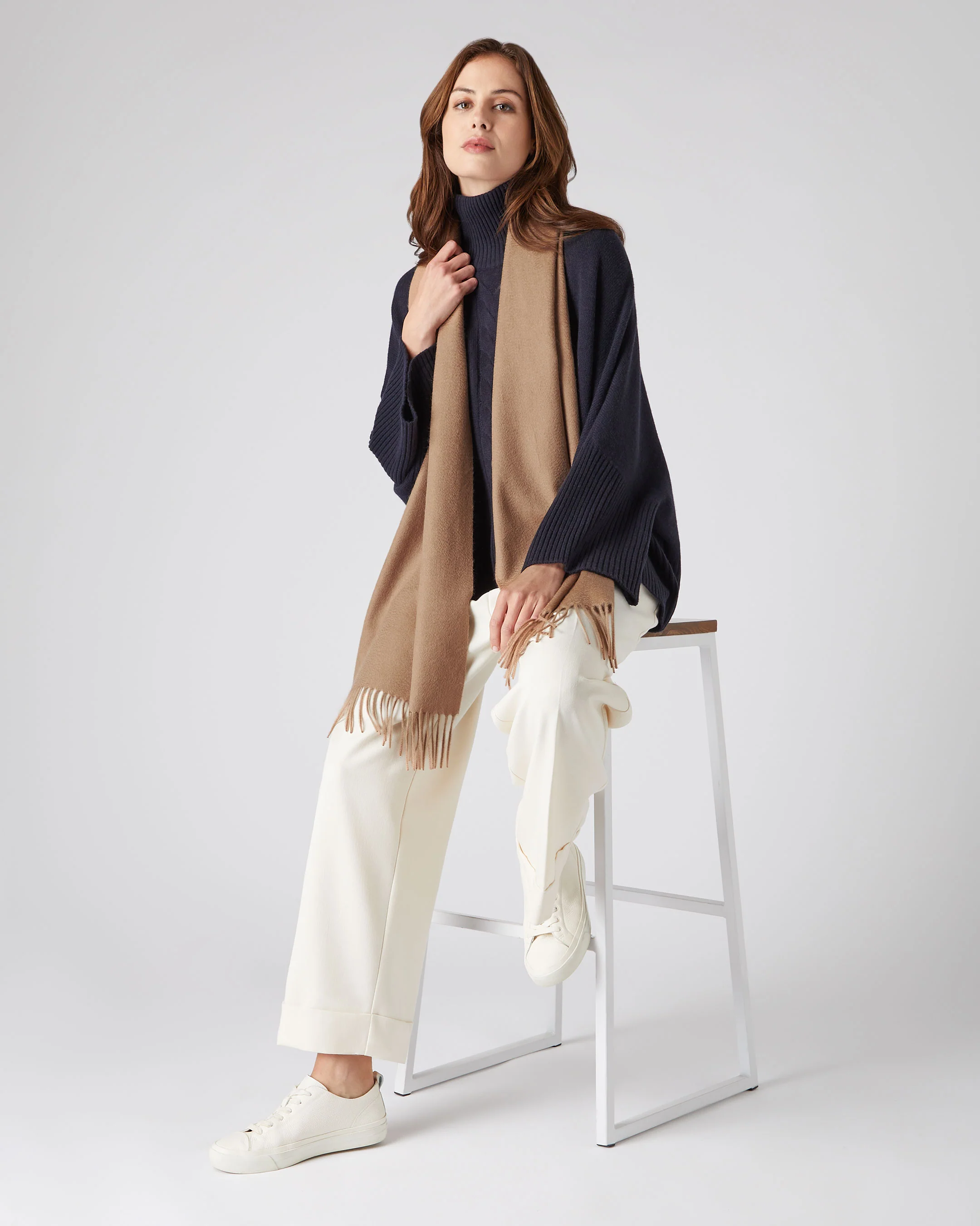 Unisex Large Woven Cashmere Scarf Dark Tan Brown - Image 3