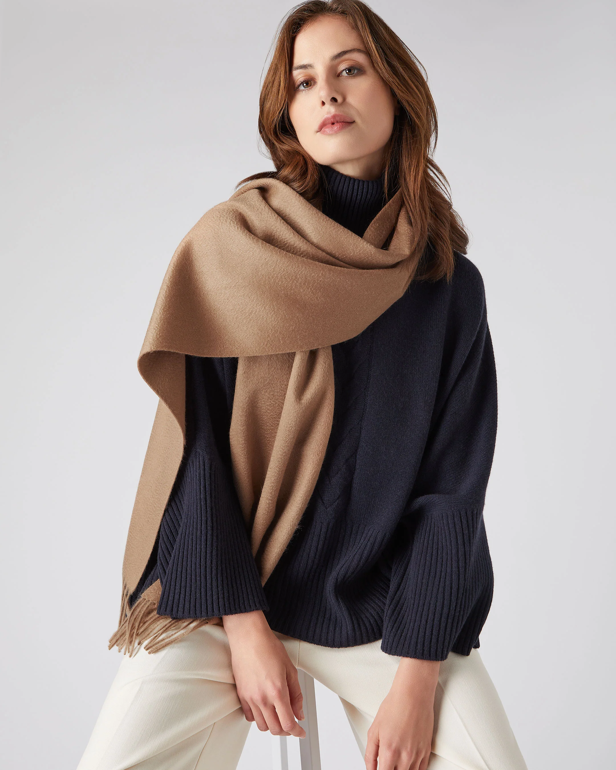 Unisex Large Woven Cashmere Scarf Dark Tan Brown - Image 5