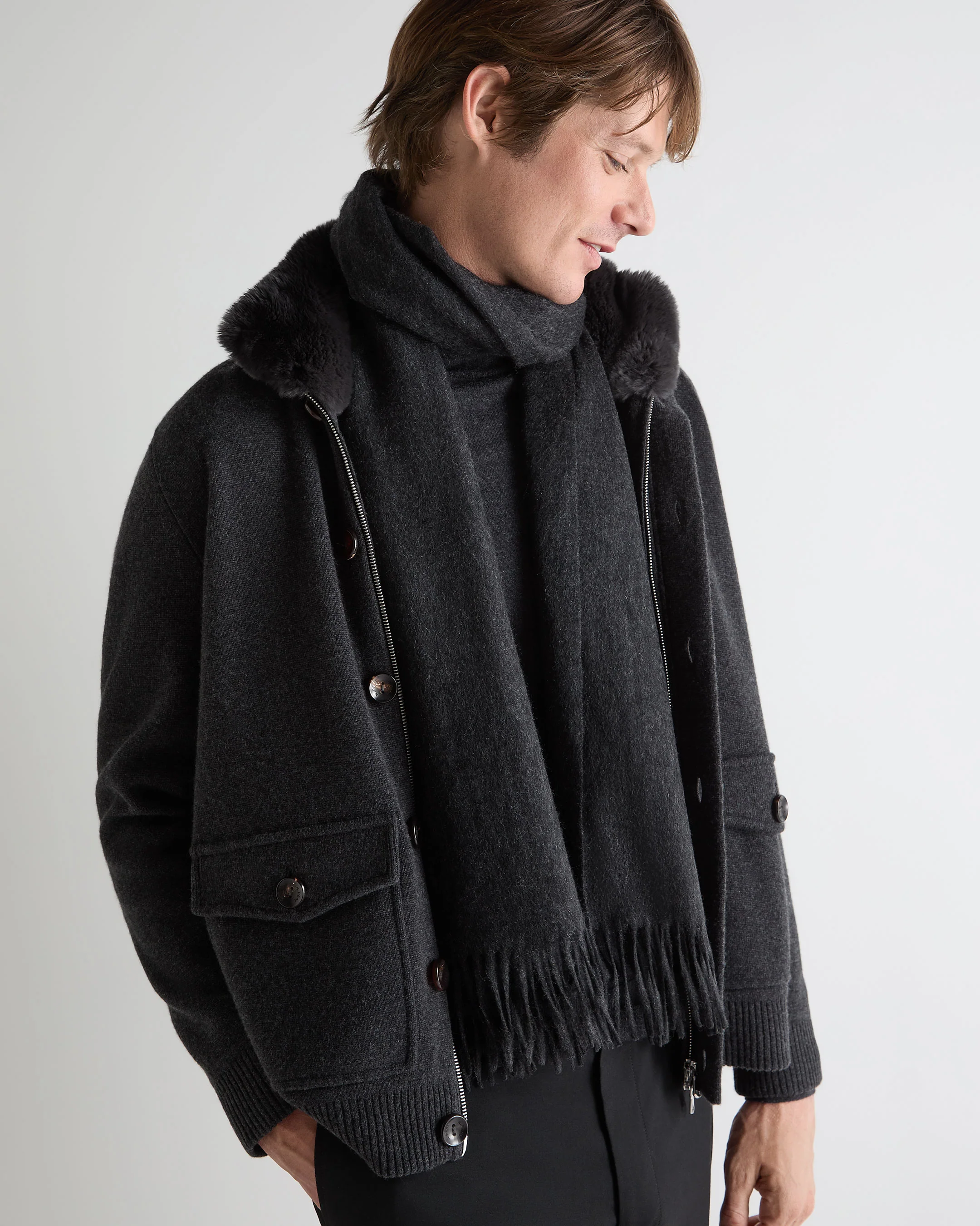 Unisex Large Woven Cashmere Scarf Deep Charcoal Grey - Image 3