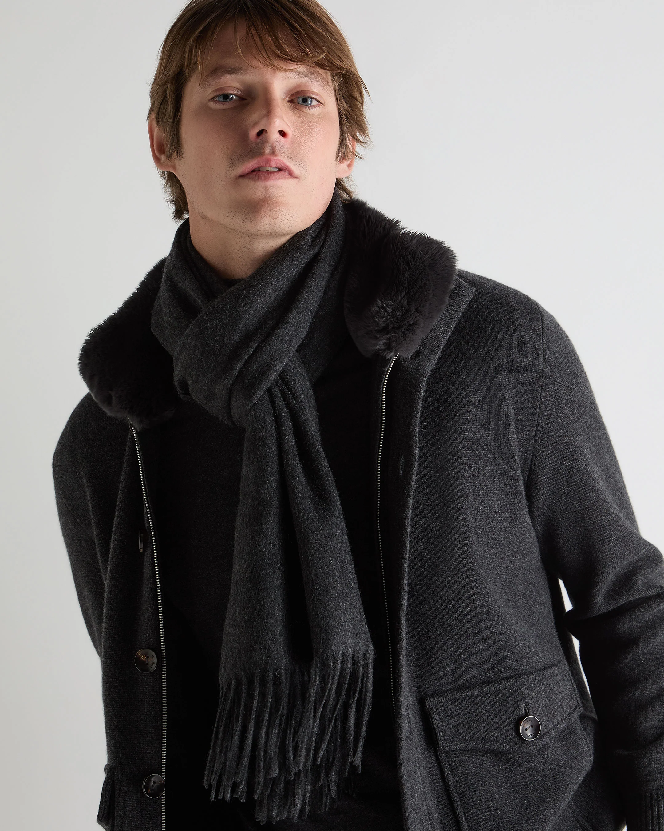 Unisex Large Woven Cashmere Scarf Deep Charcoal Grey - Image 5