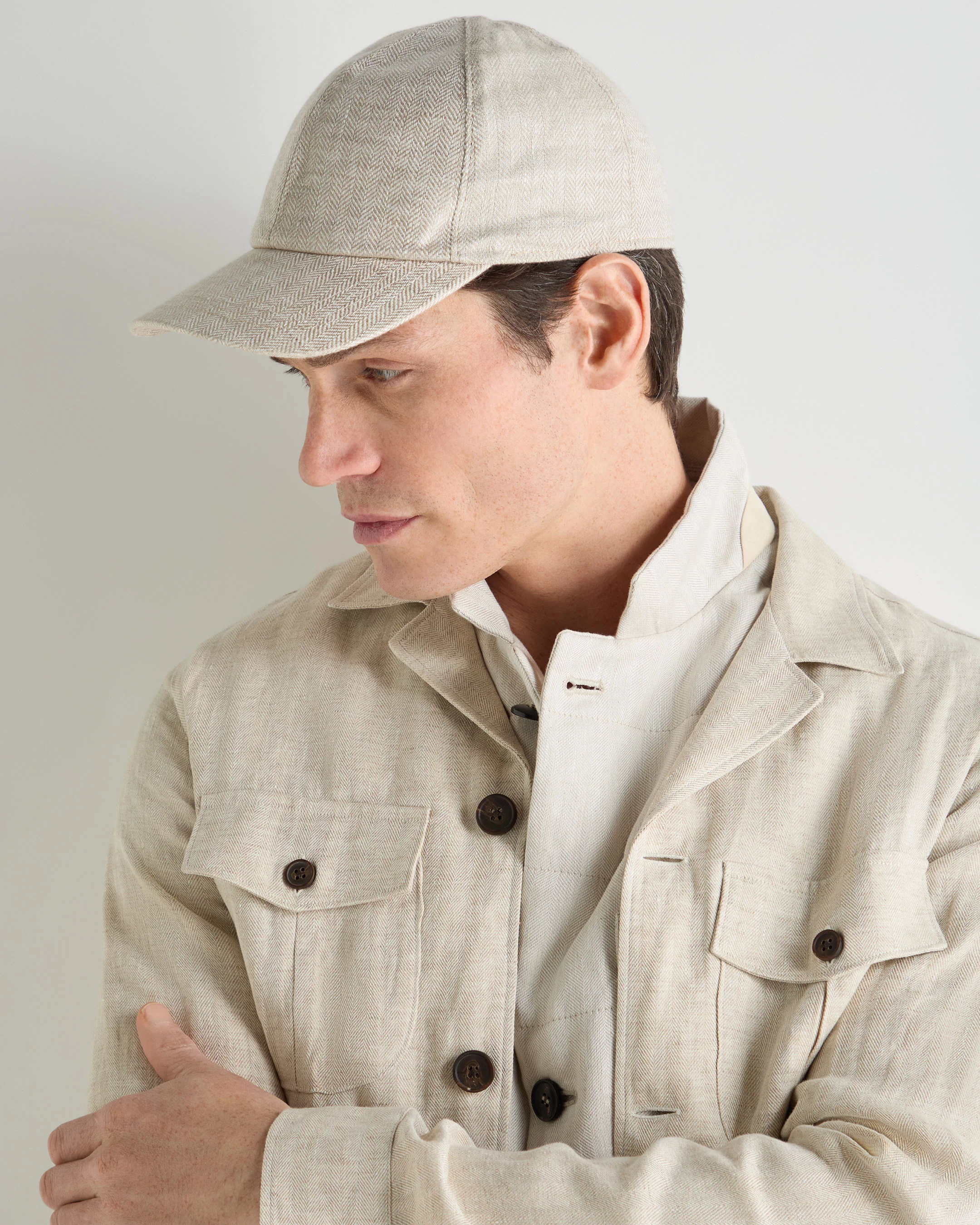 Unisex Linen Herringbone Cap Ecru White - Image 5