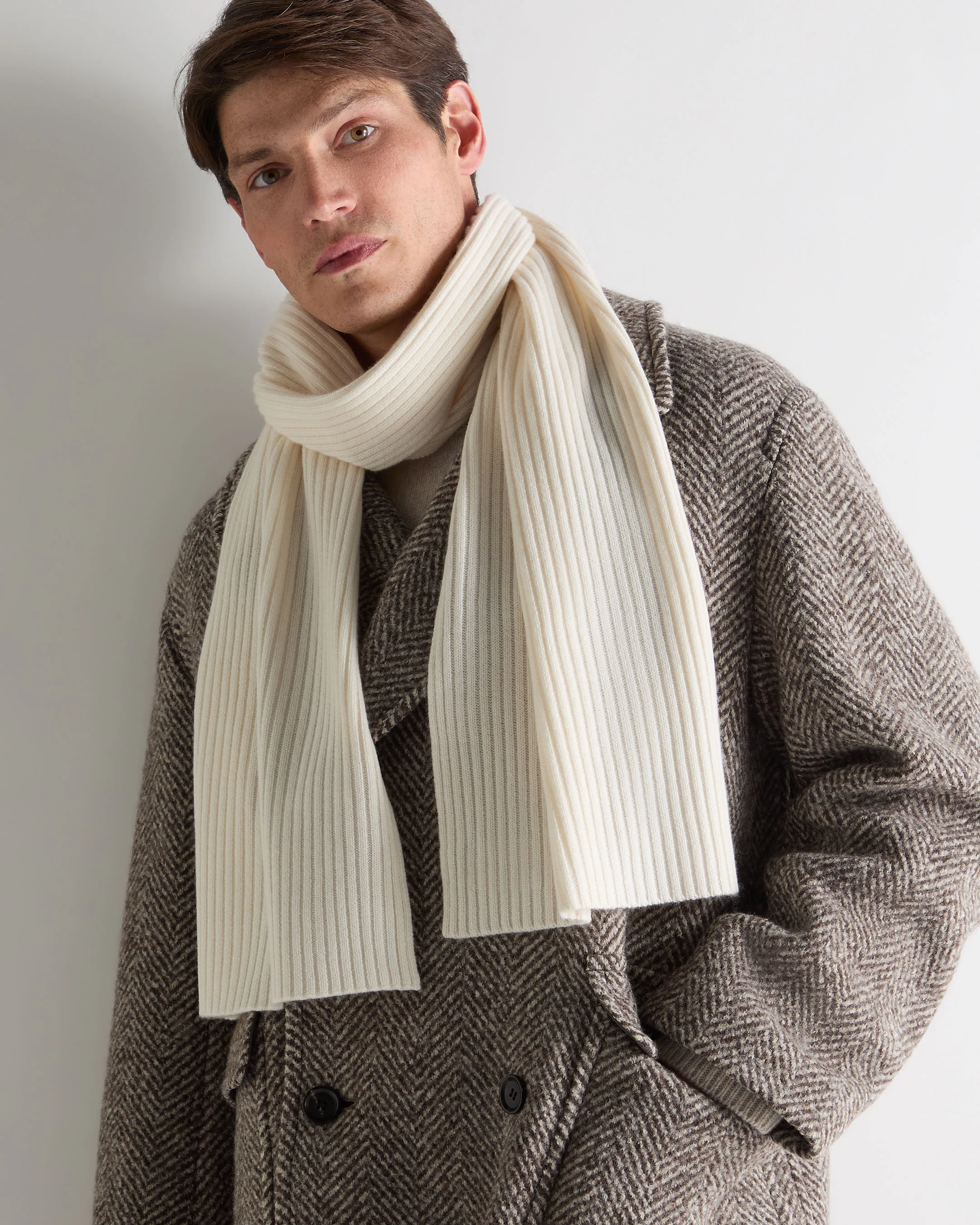 Unisex Short Ribbed Cashmere Scarf New Ivory White - Image 4