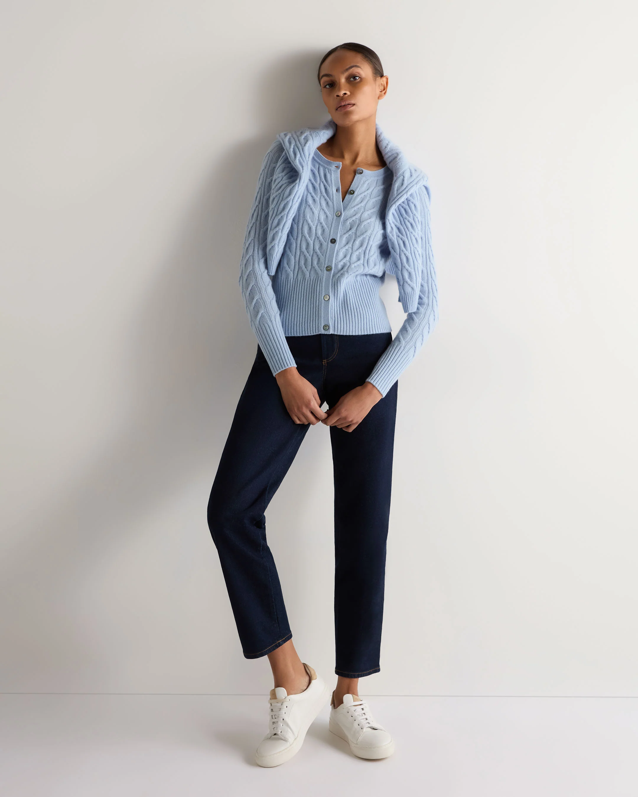 Women's Myla Cable Cashmere Cardigan Sea Mist Blue - Image 3