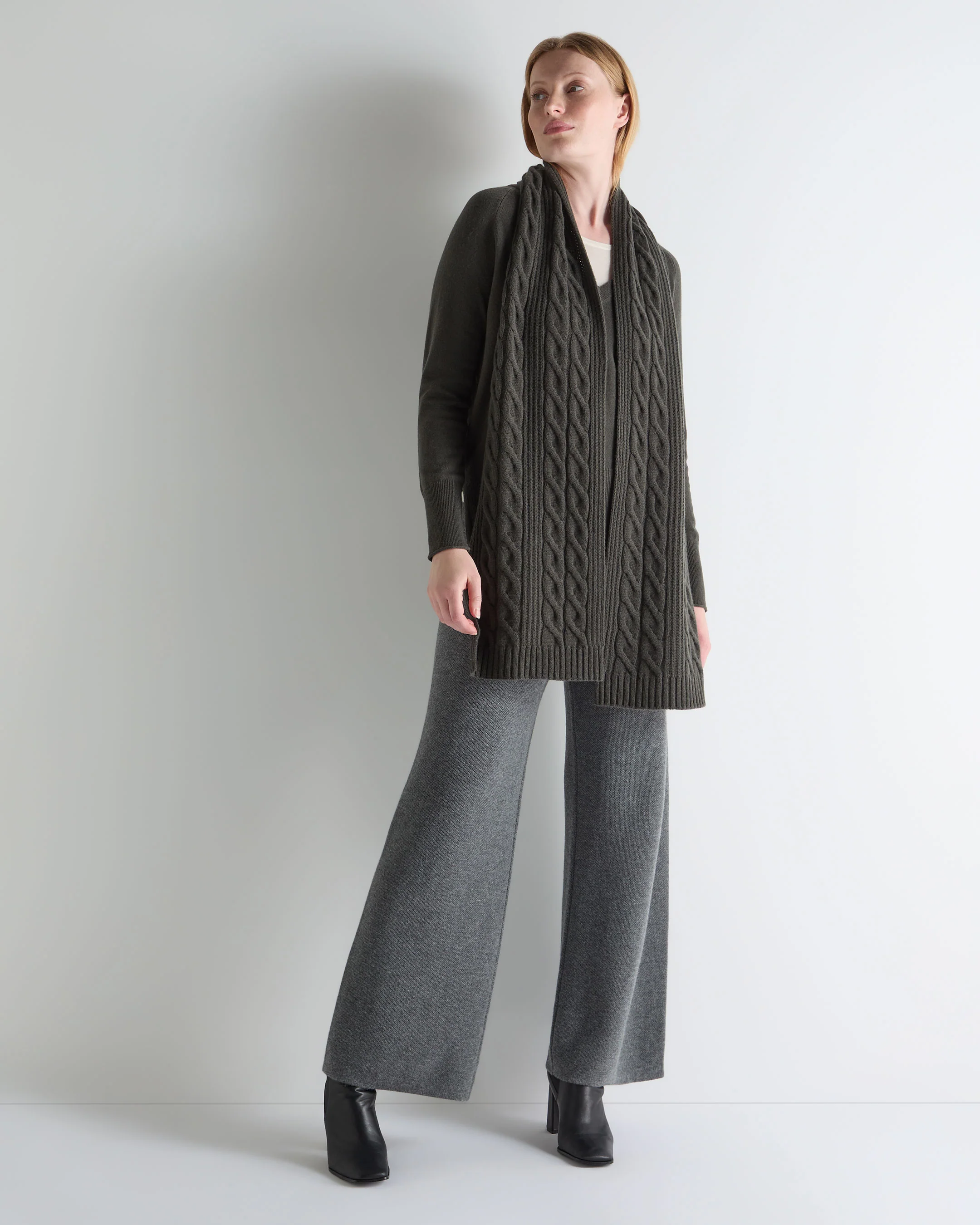 Unisex Cable Rib Cashmere Scarf Arabica Khaki Green - Image 5