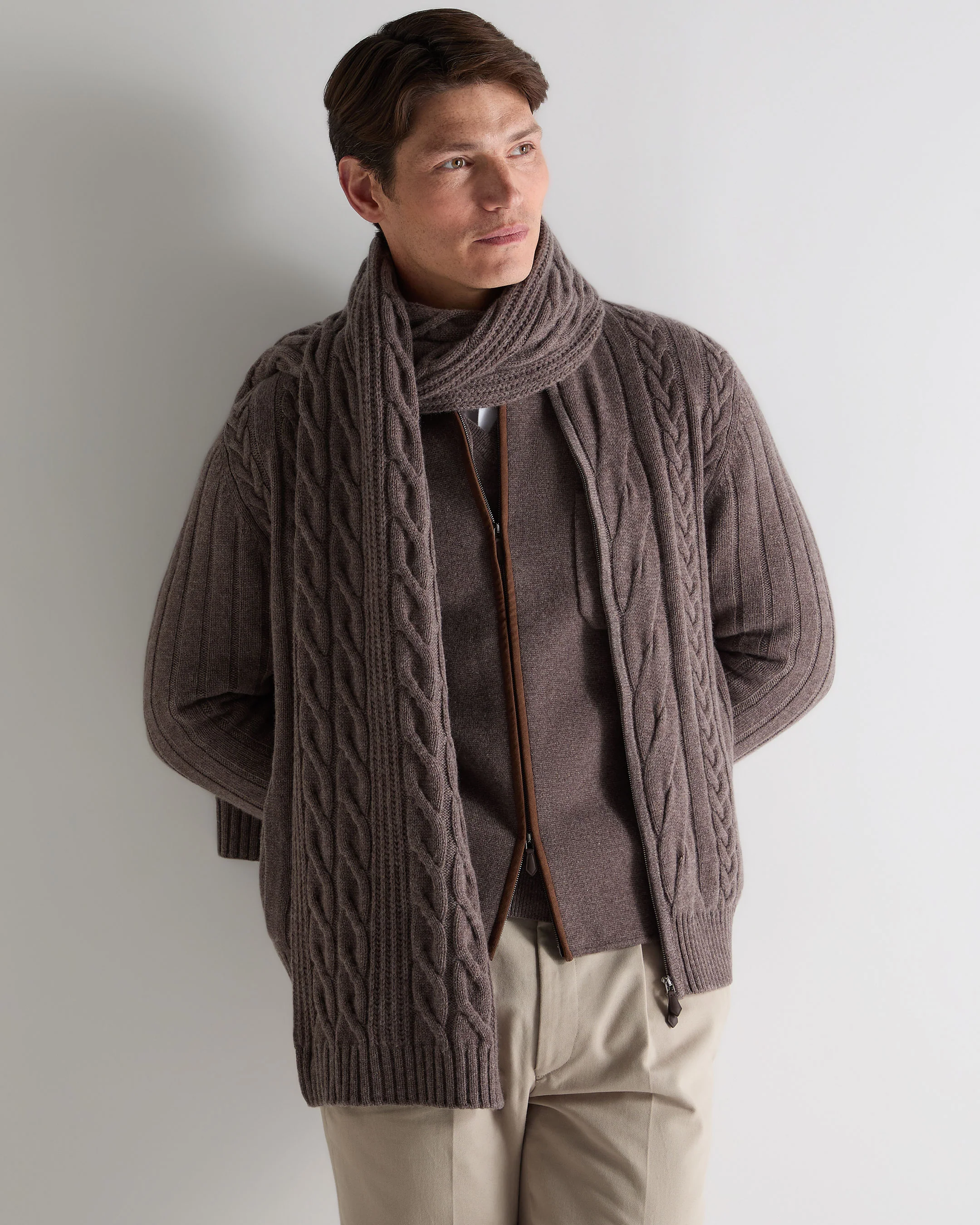 Unisex Cable Rib Cashmere Scarf Otter Brown - Image 4