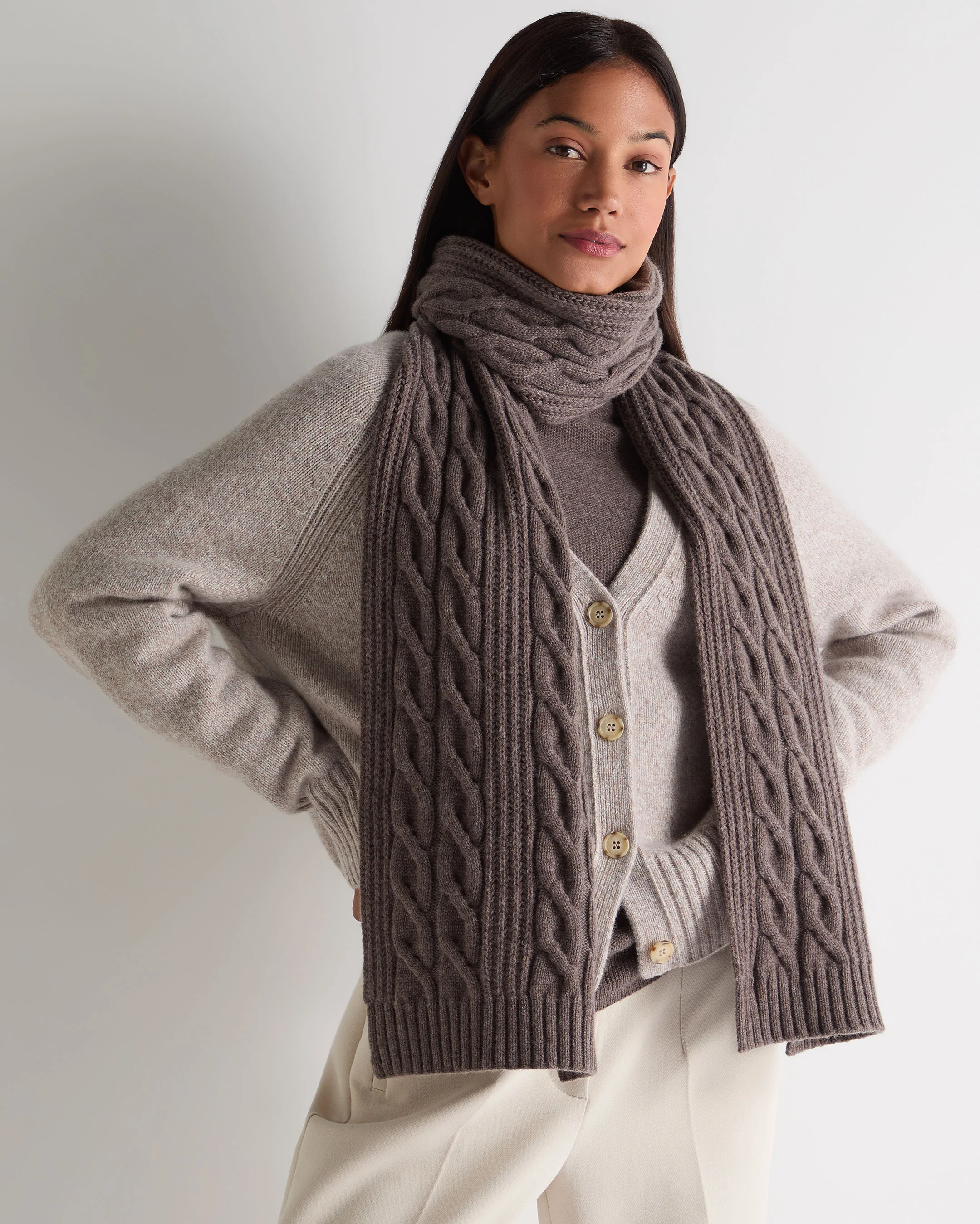 Unisex Cable Rib Cashmere Scarf Otter Brown - Image 5