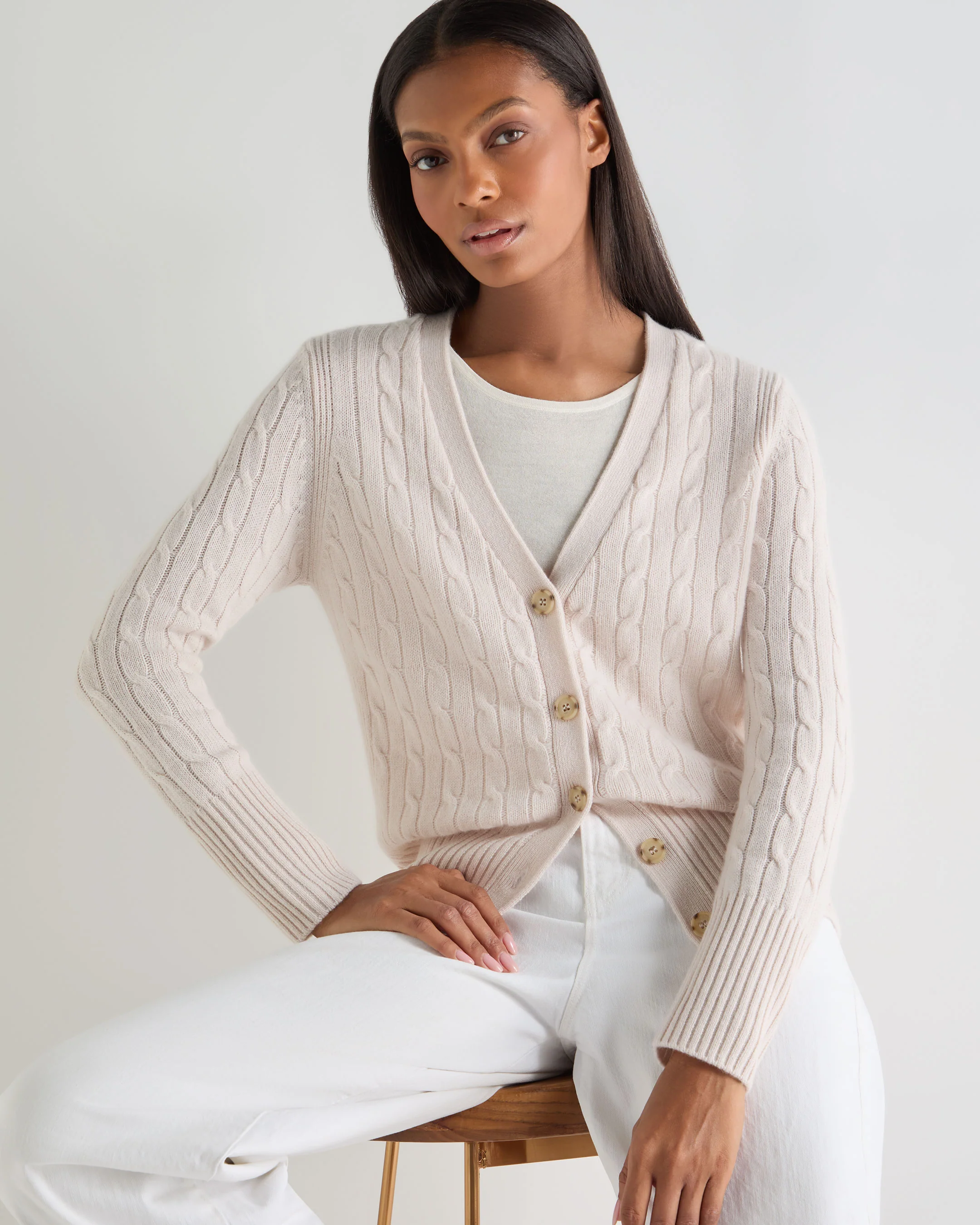 Women's Clara Cable V Neck Cashmere Cardigan Dove Pink - Image 5