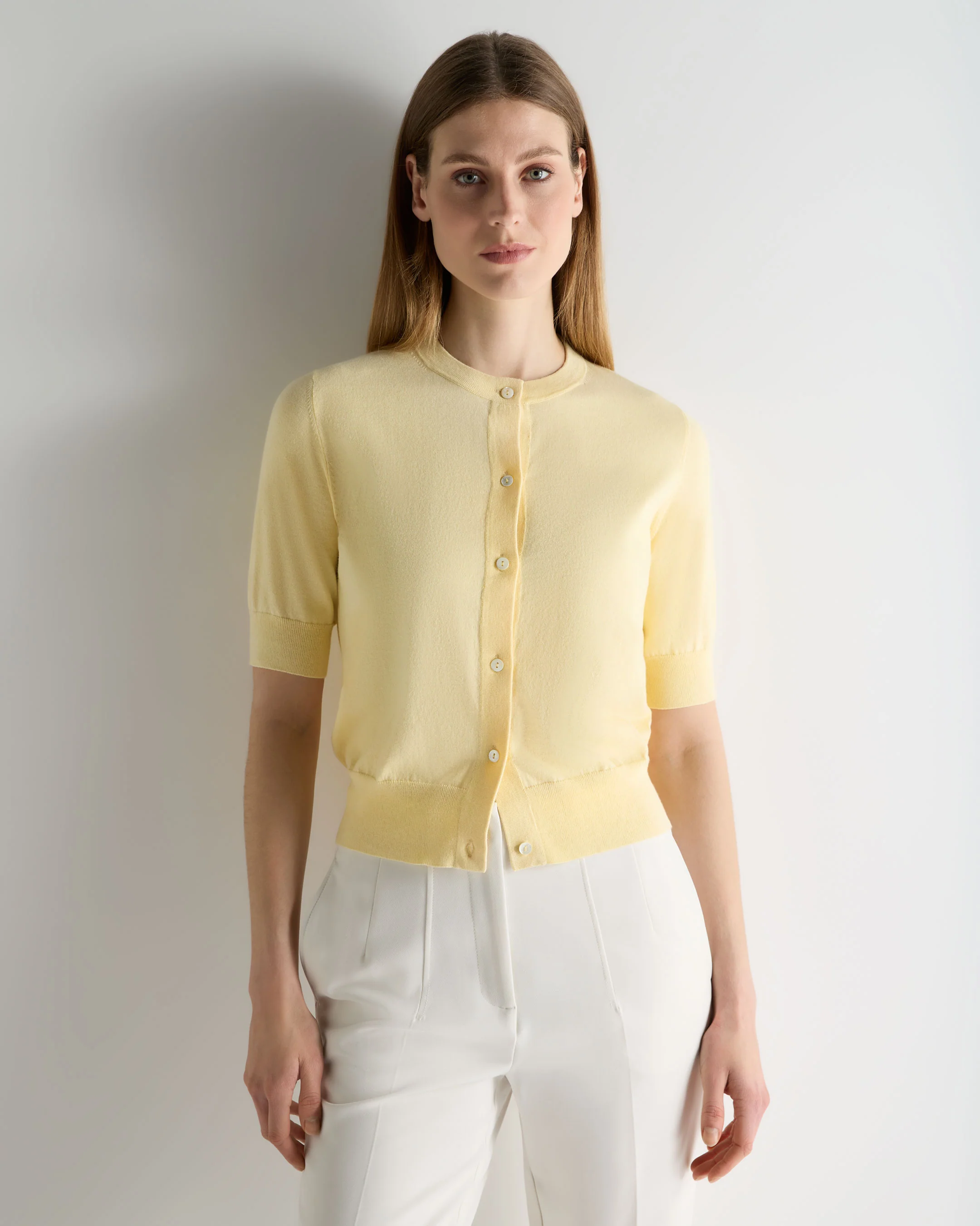 Women's Cotton Cashmere Short Sleeve Cardigan Lemon Yellow