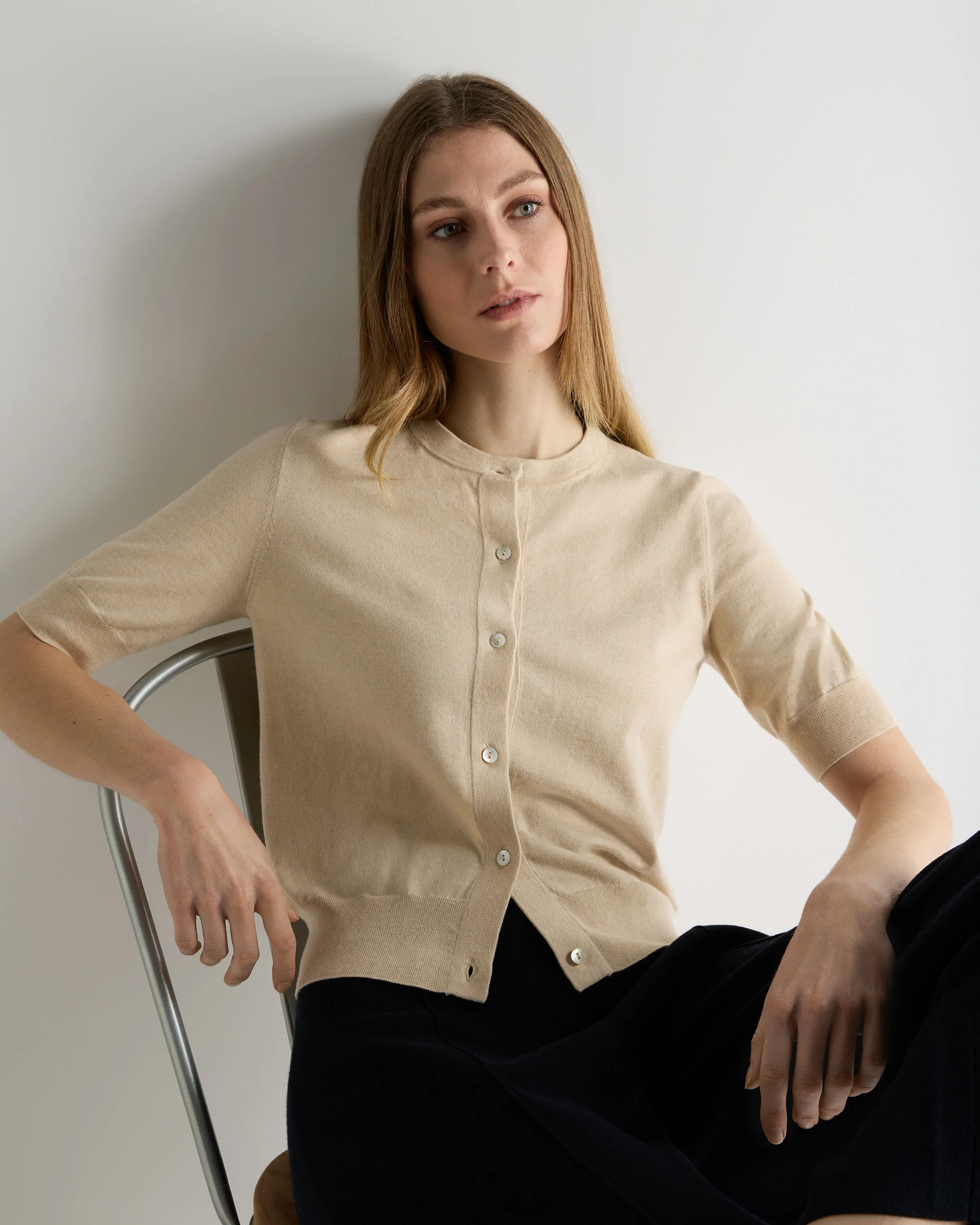 Women's Cotton Cashmere Short Sleeve Cardigan Natural Brown
