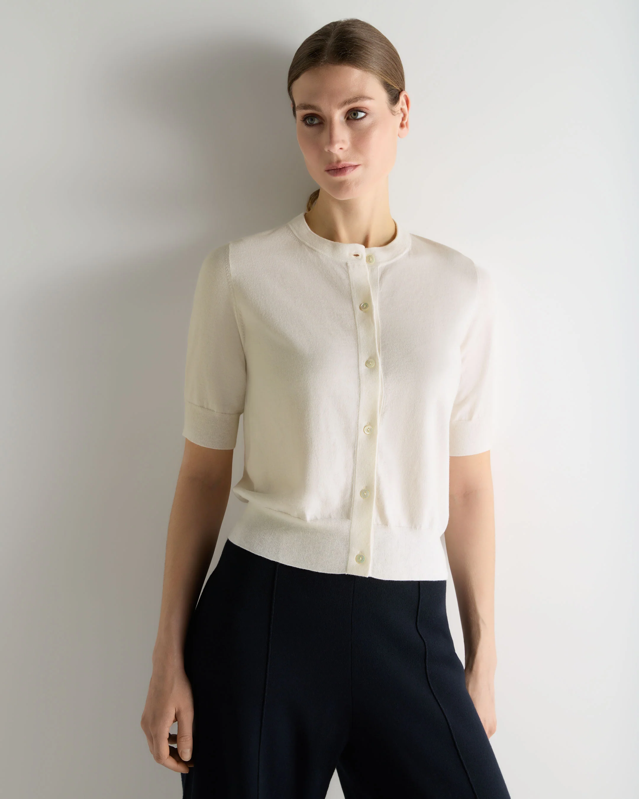 Women's Cotton Cashmere Short Sleeve Cardigan New Ivory White
