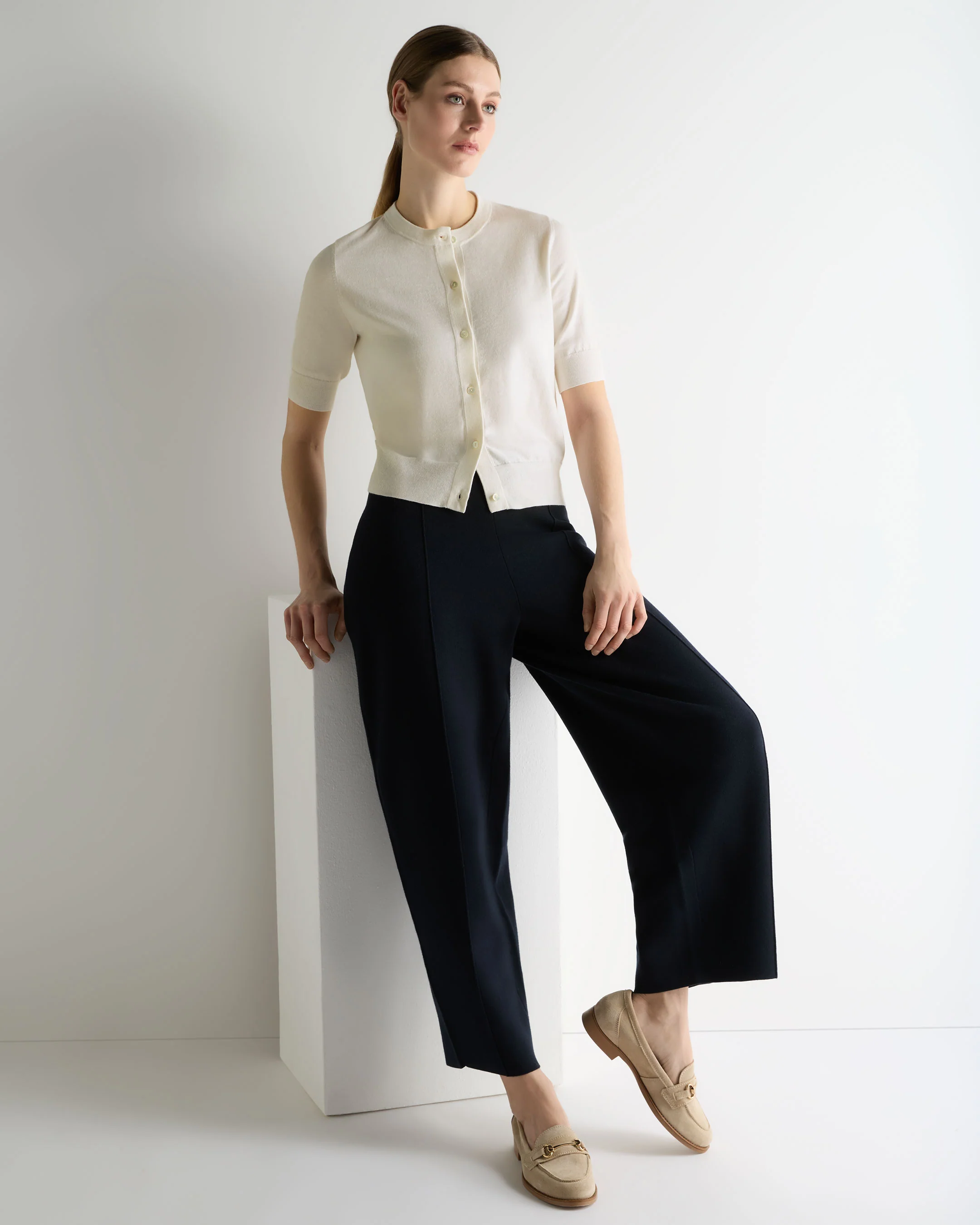 Women's Cotton Cashmere Short Sleeve Cardigan New Ivory White - Image 3