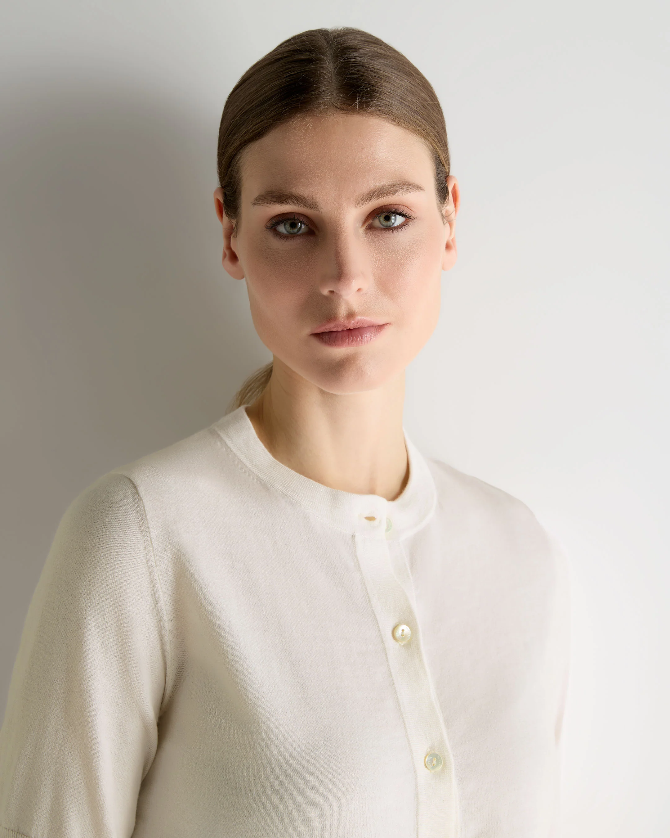 Women's Cotton Cashmere Short Sleeve Cardigan New Ivory White - Image 5