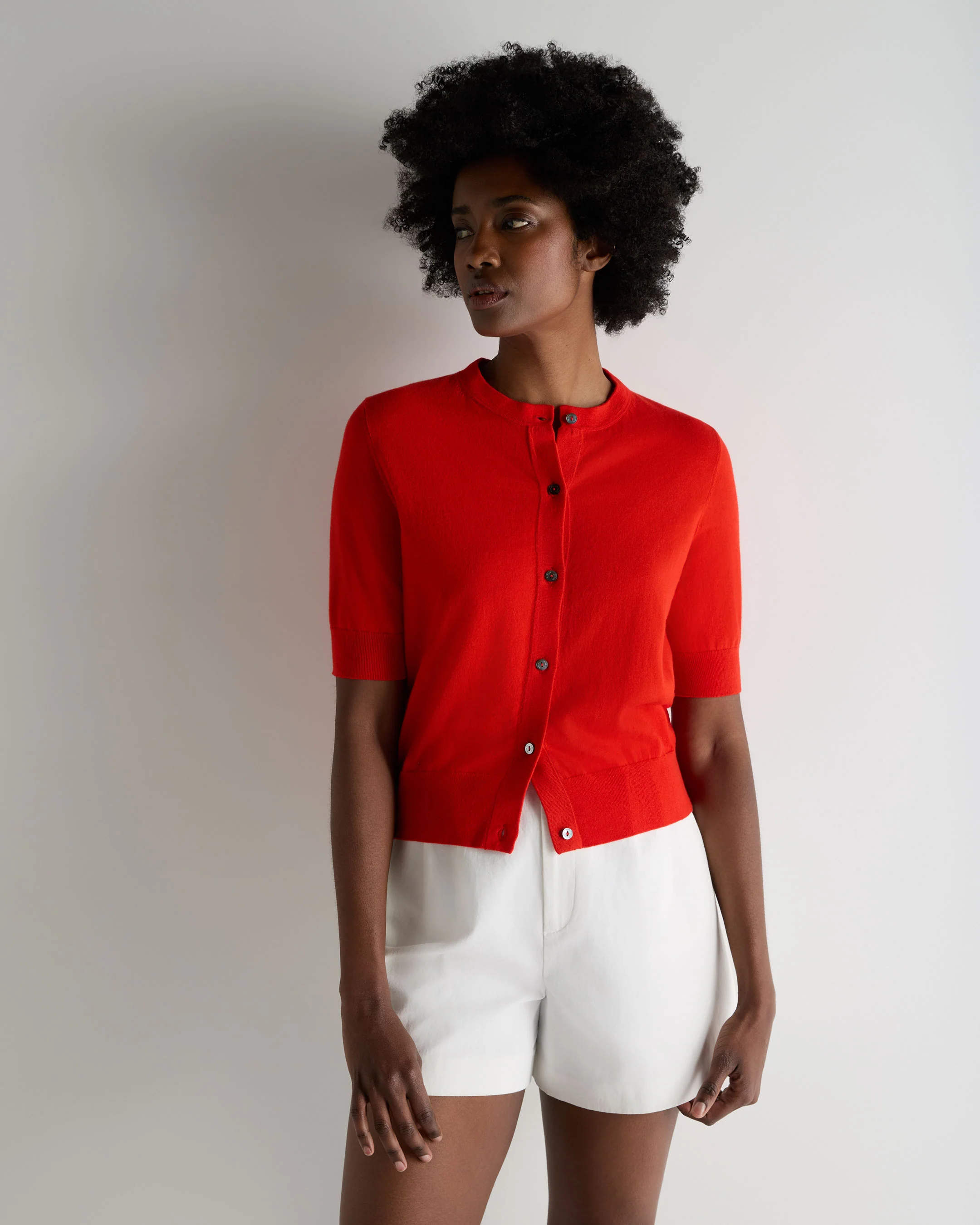 Women's Cotton Cashmere Short Sleeve Cardigan Tomato Red