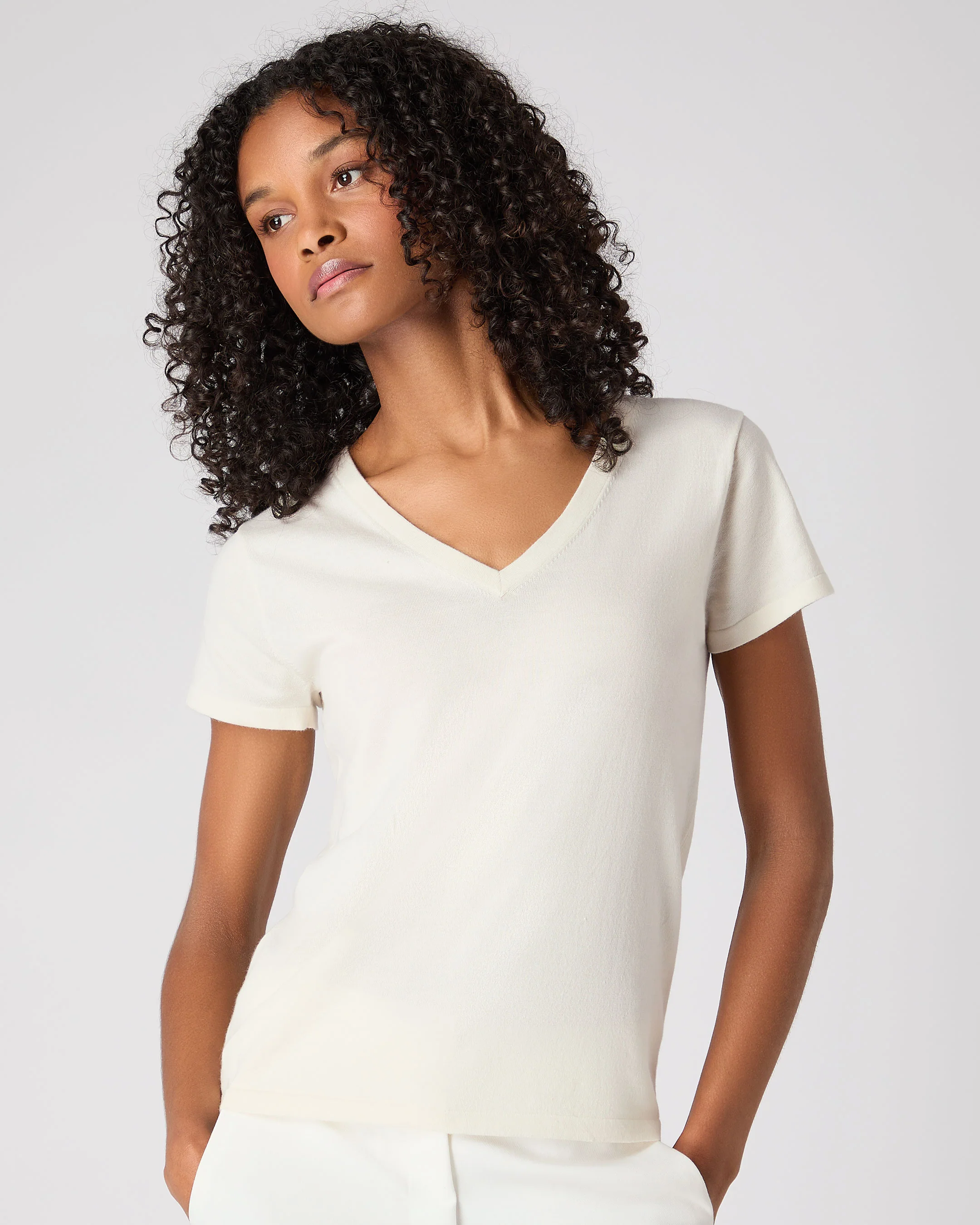 Women's Cotton Cashmere Silk T-Shirt New Ivory White - Image 5