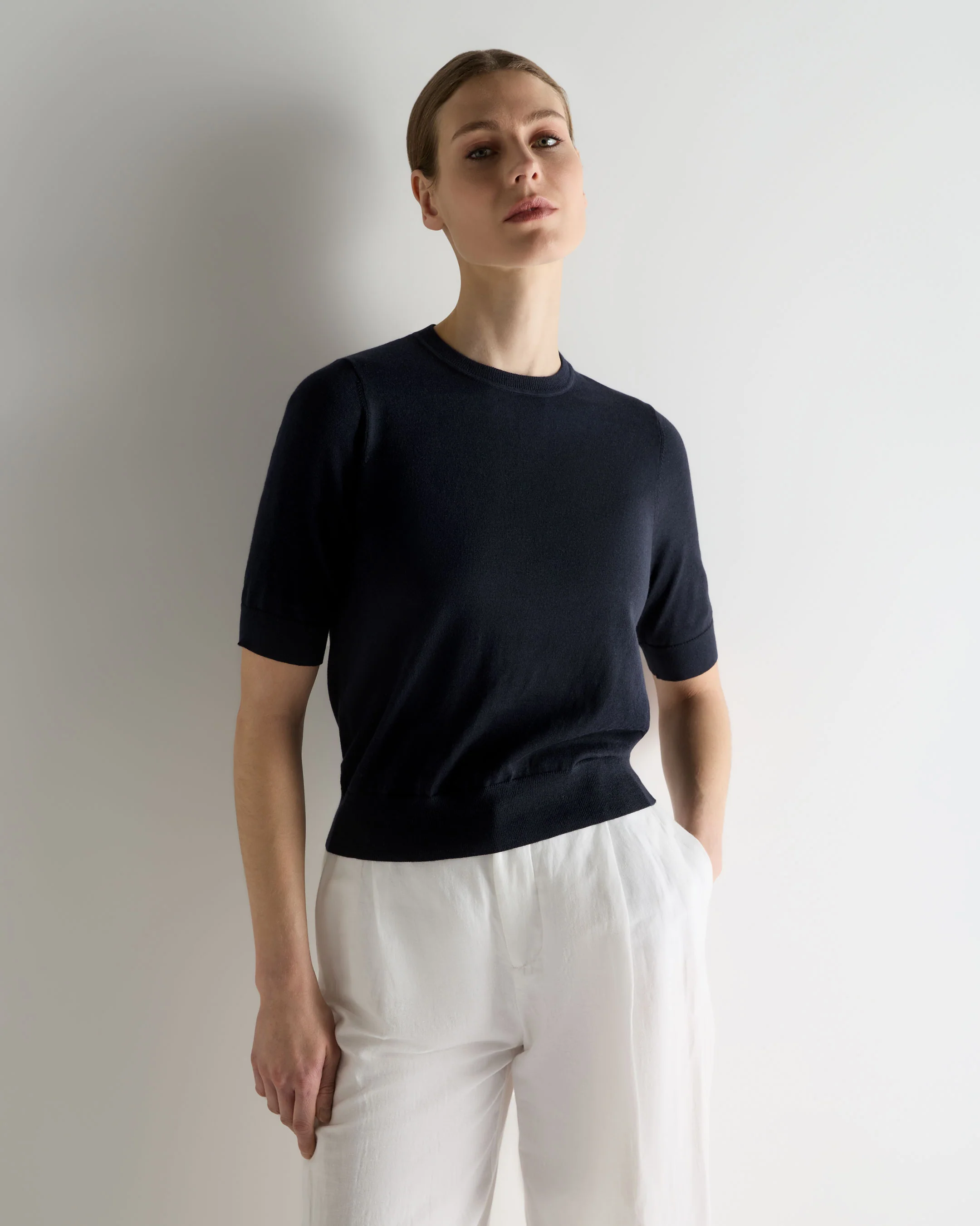Women's Cotton Cashmere T-Shirt Navy Blue