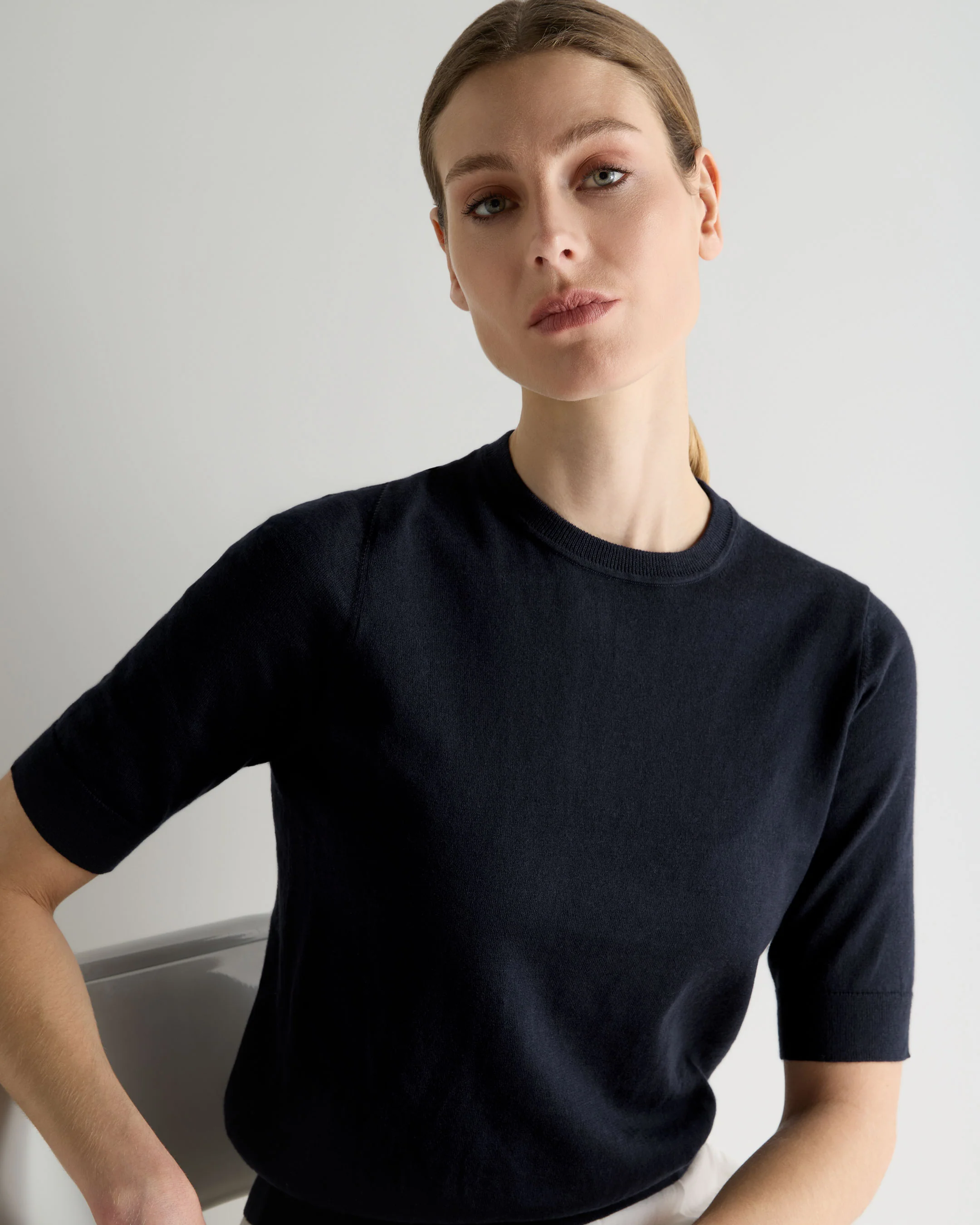Women's Cotton Cashmere T-Shirt Navy Blue - Image 5