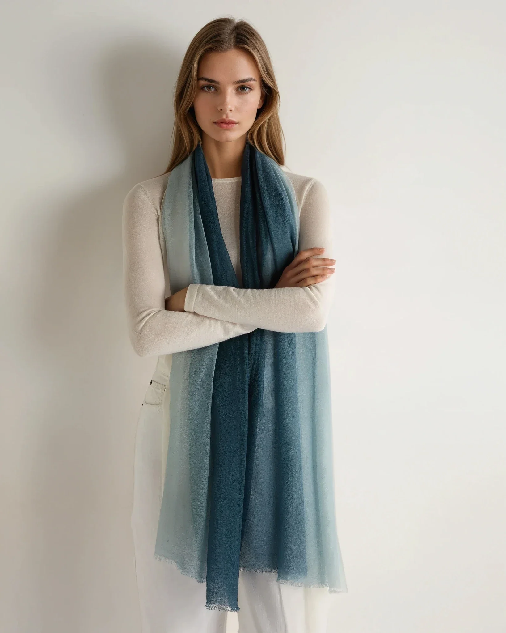 Women's Dip Dye Cashmere Scarf Dark Blue - Image 3