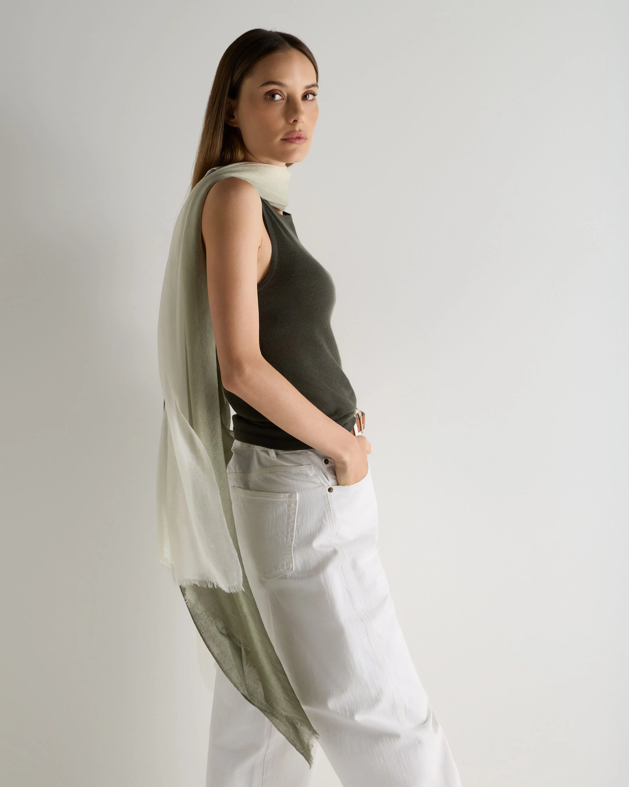 Women's Dip Dye Cashmere Scarf Olive Green - Image 3