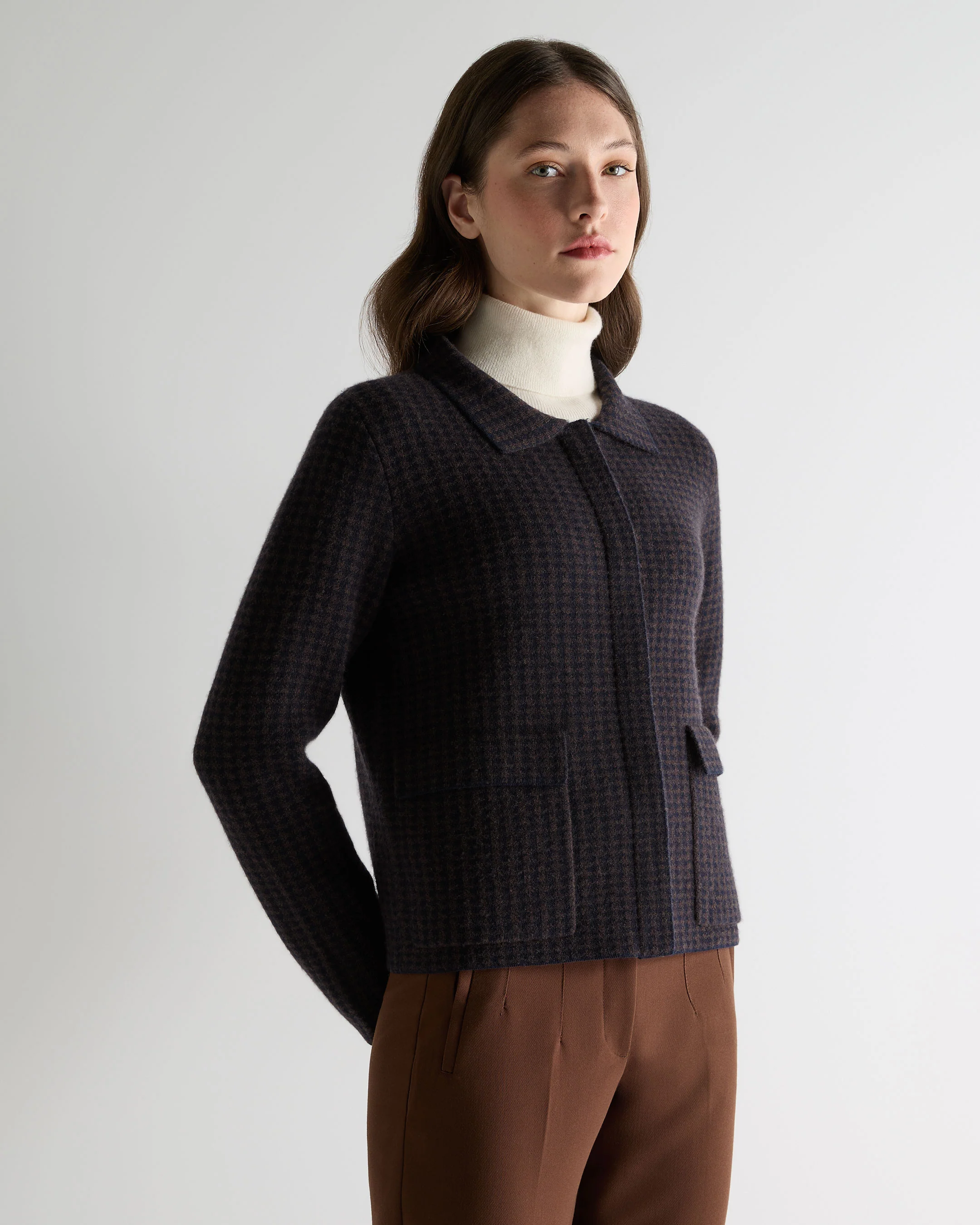 Women's Dogtooth Fur Trim Cashmere Jacket Navy Blue - Image 6