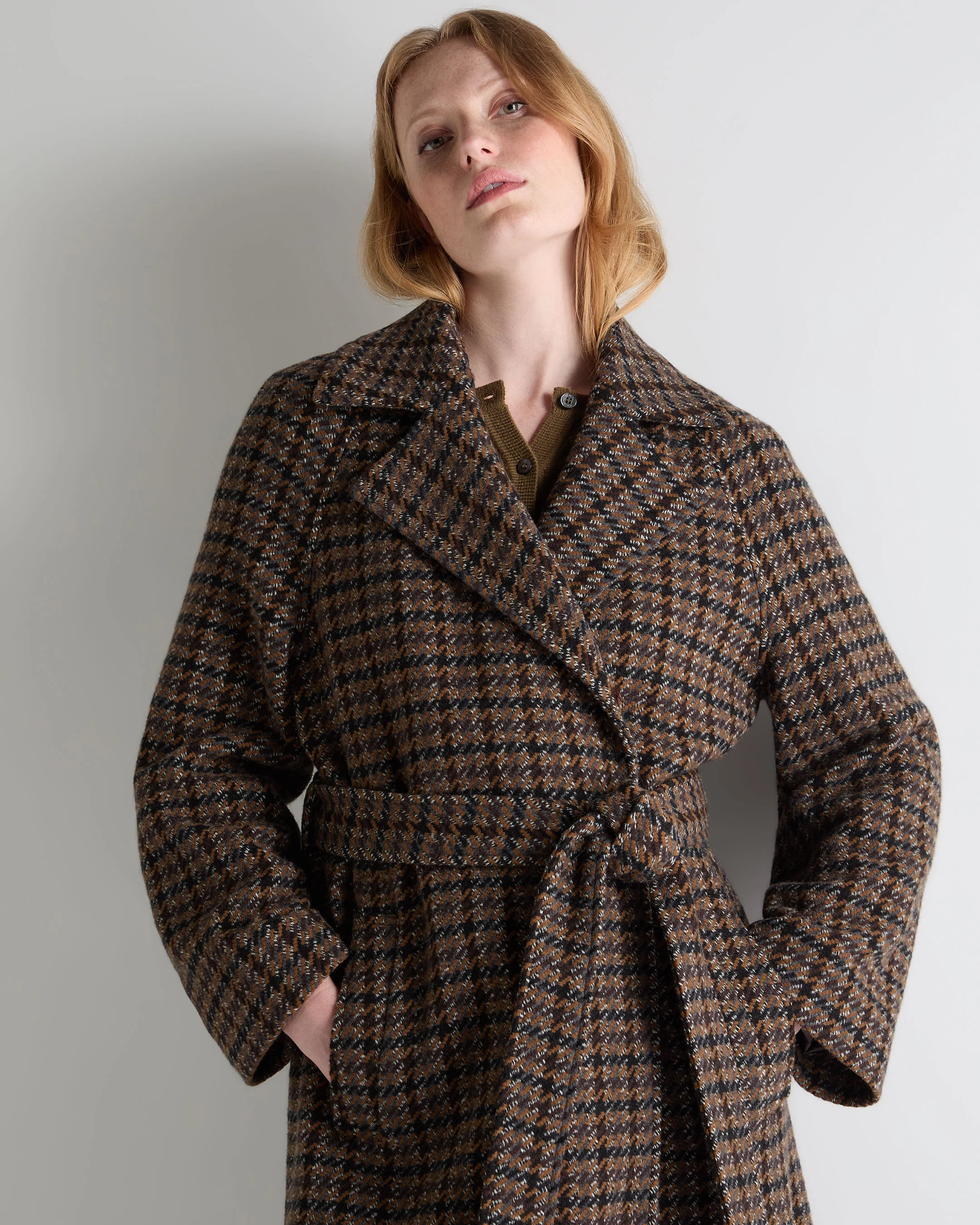 Women's Dogtooth Fur Trim Coat Brown - Image 6