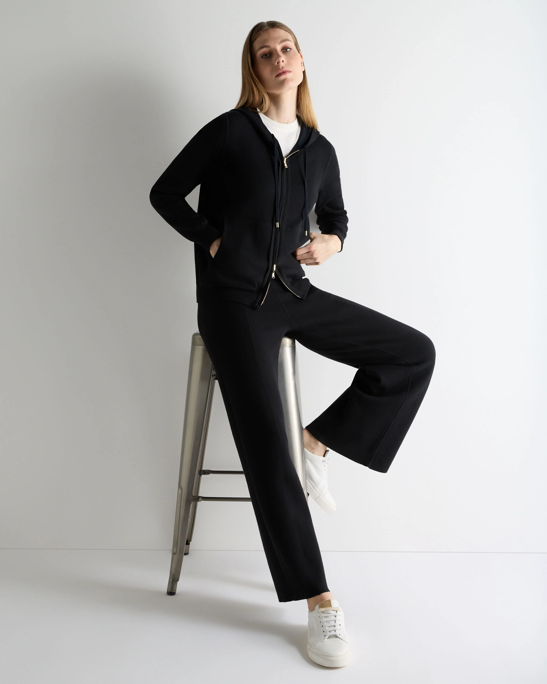 Women's Double Faced Cotton Blend Trousers Navy Blue - Image 3